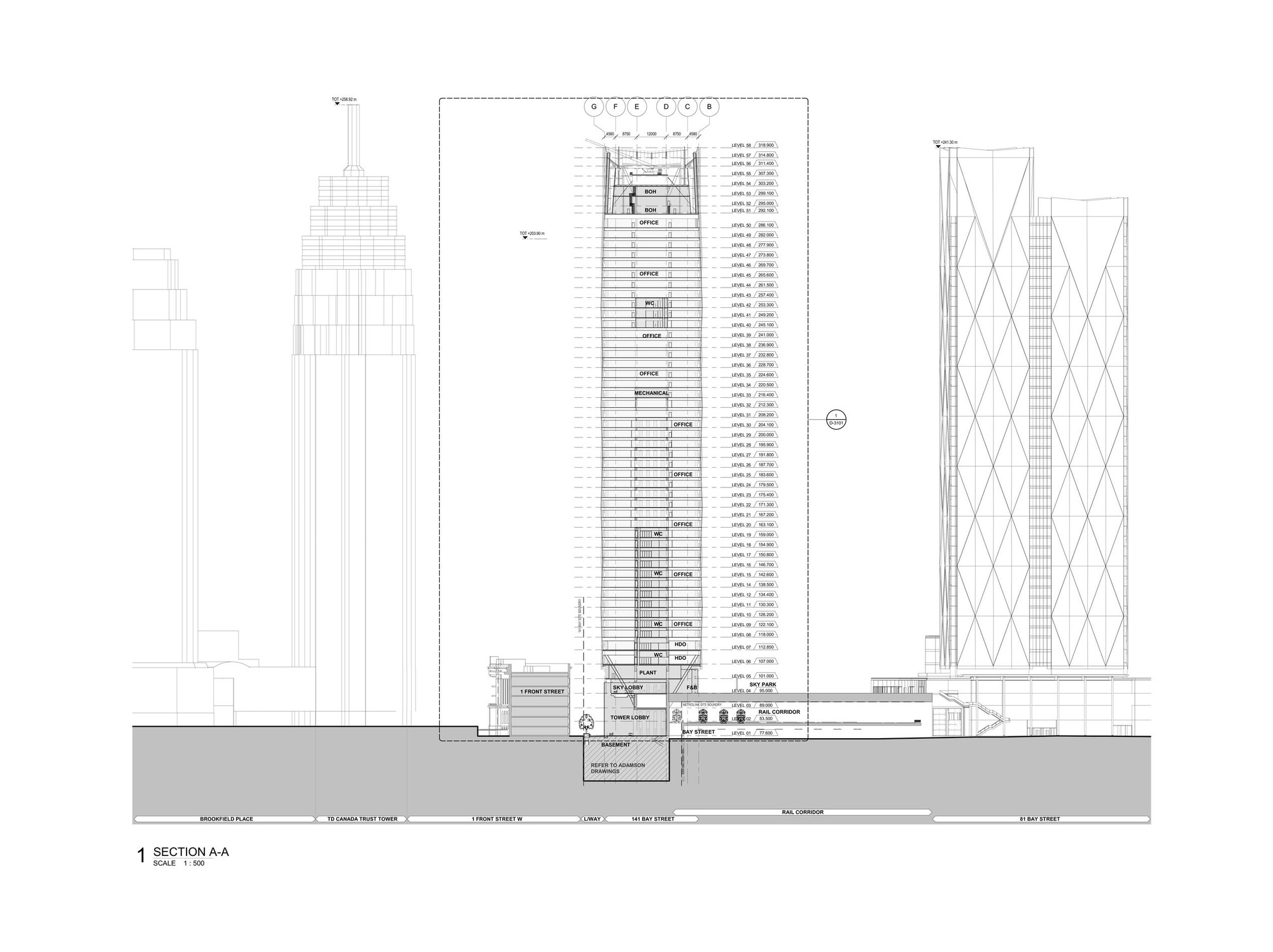 Building section drawing showing the tall tower rising above adjacent structures and underground rail corridor