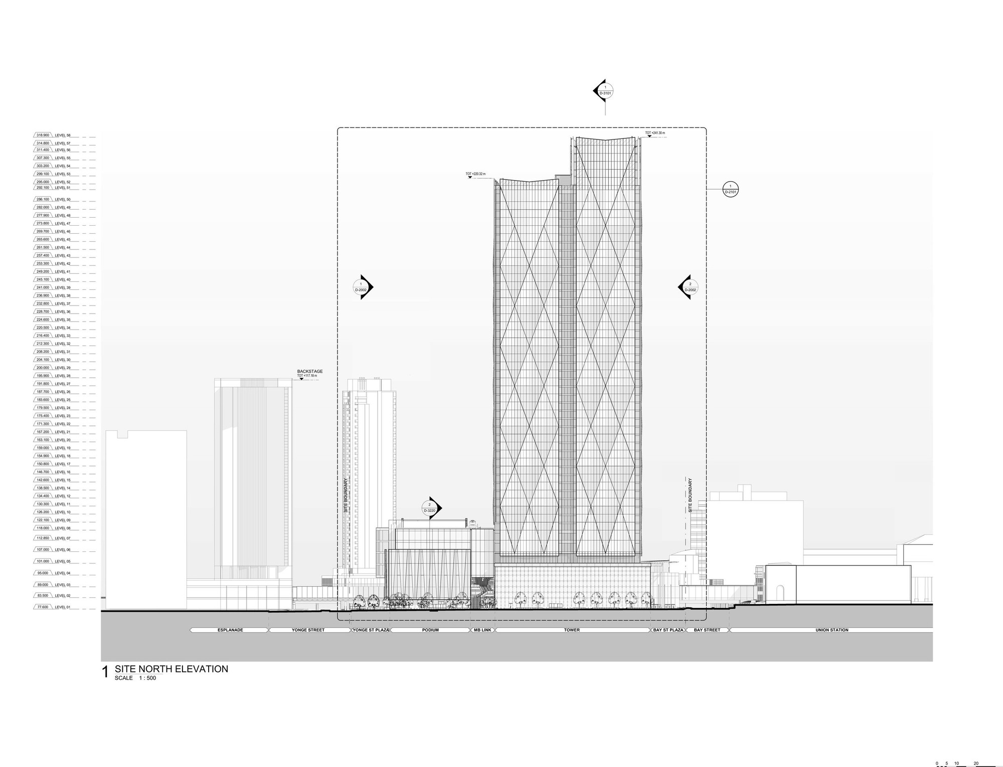 North elevation drawing showing the diagrid facade tower and lower podium along the street