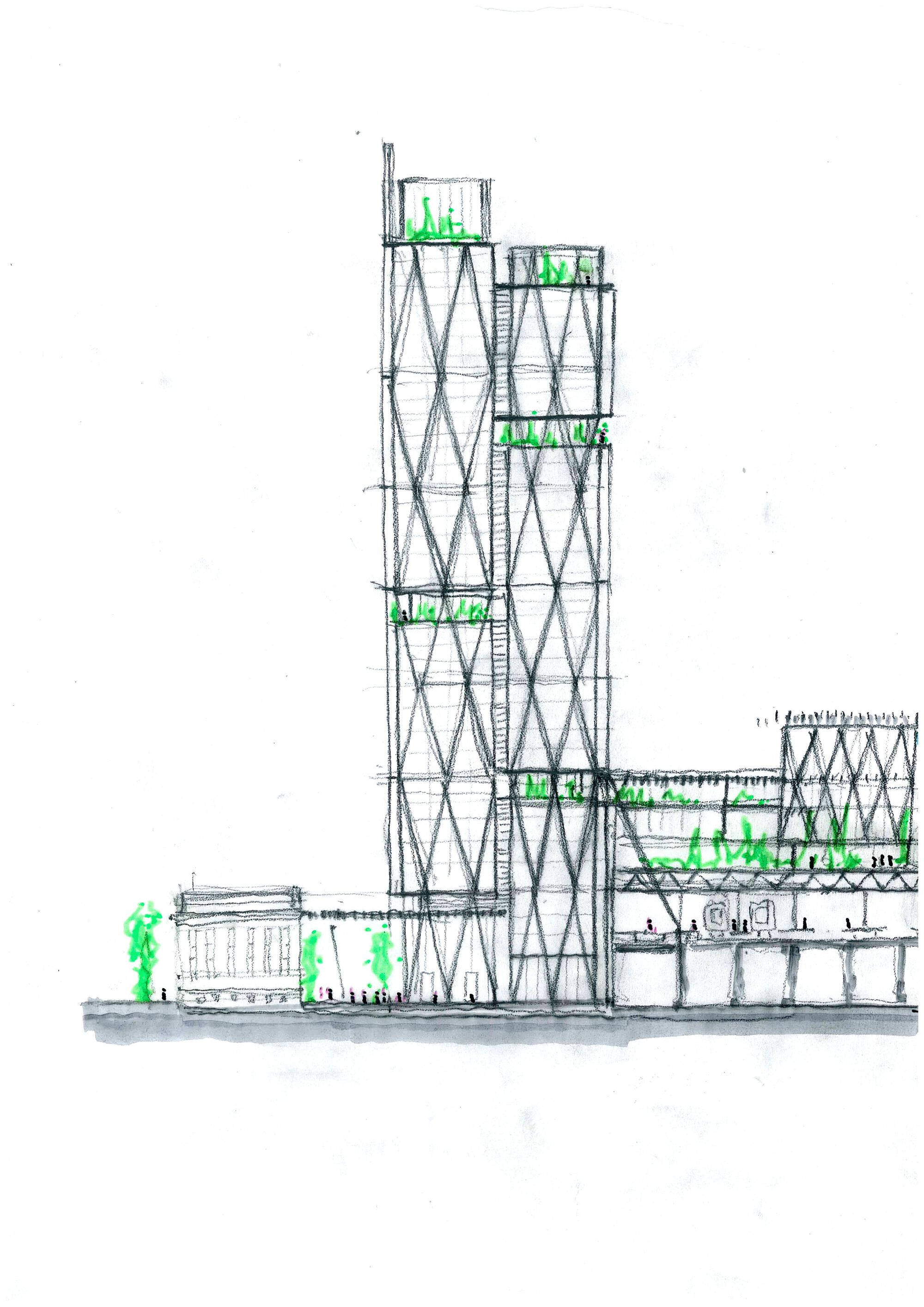 Section drawing showing the diagonal exoskeleton structure with green-highlighted occupied floors and podium