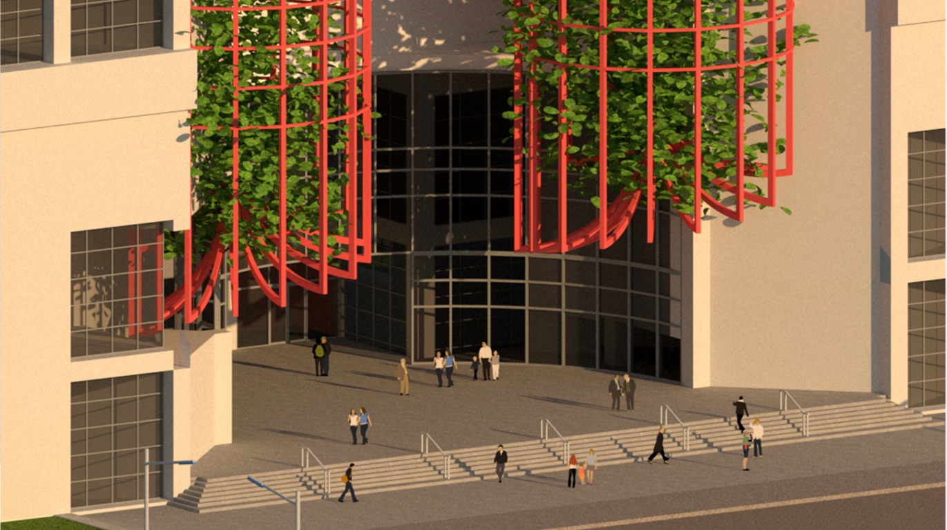 Suspended green pods transform the high-rise entrance into a more public, accessible, and ecologically active urban space.