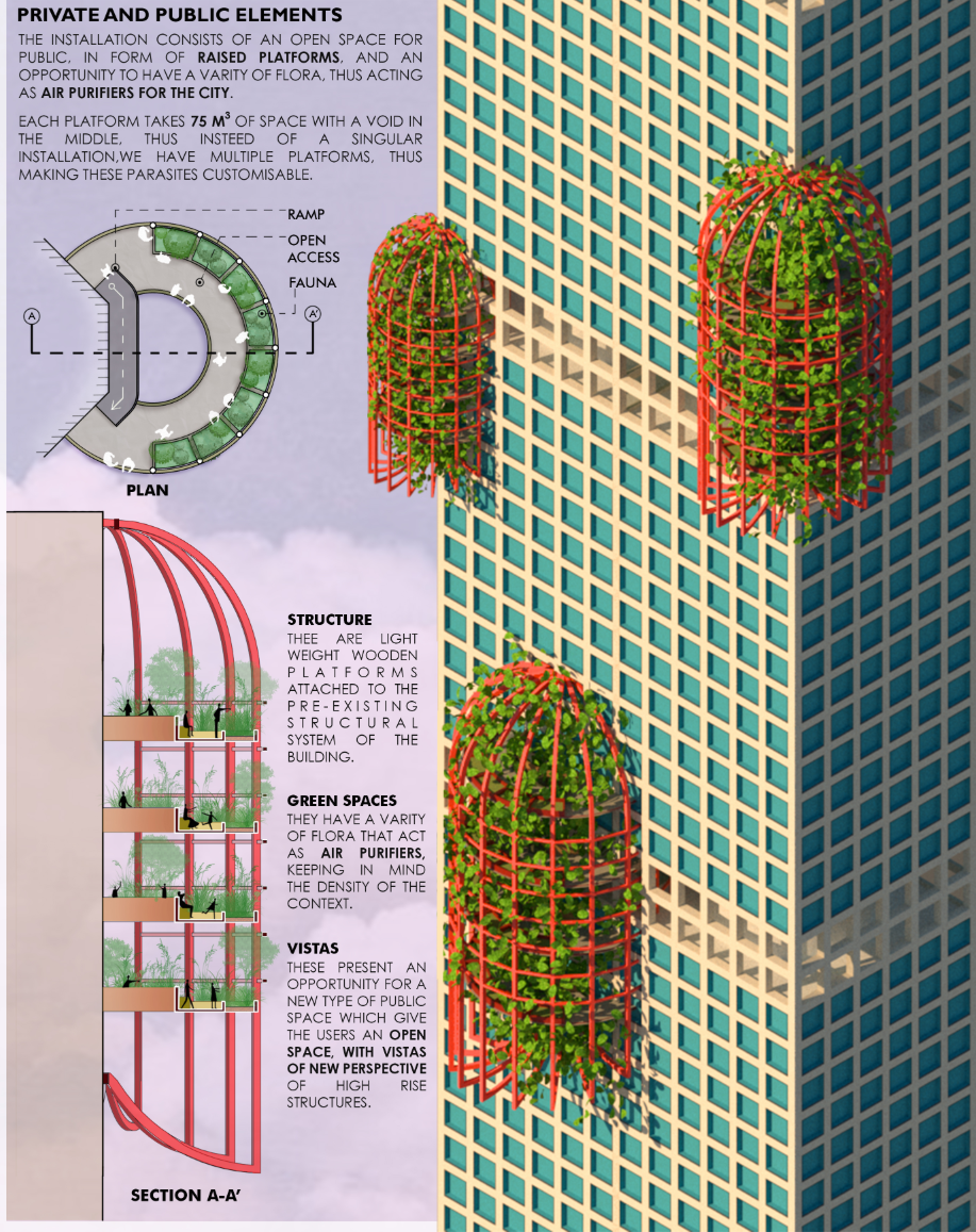 Modular facade gardens combine lightweight platforms, open access, planting, and elevated views within a steel structural enclosure.