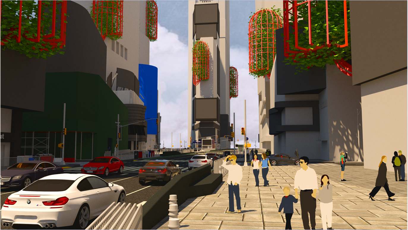 Repeated vertical gardens introduce greenery and shared public spaces across a dense, traffic-dominated city corridor.