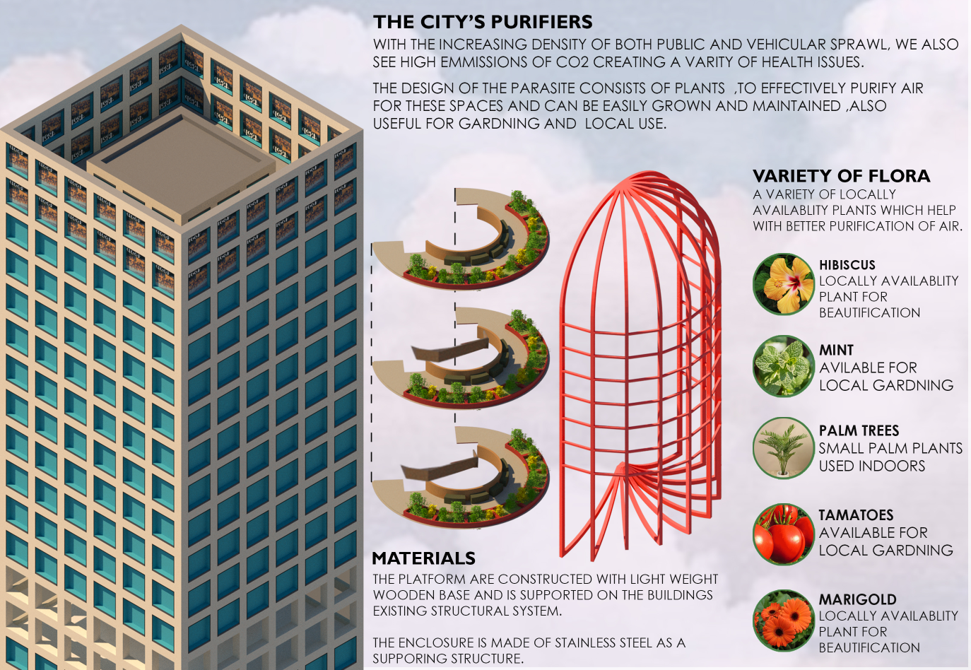 Locally available plants, lightweight timber platforms, and stainless-steel frames form adaptable air-purifying additions to existing towers.