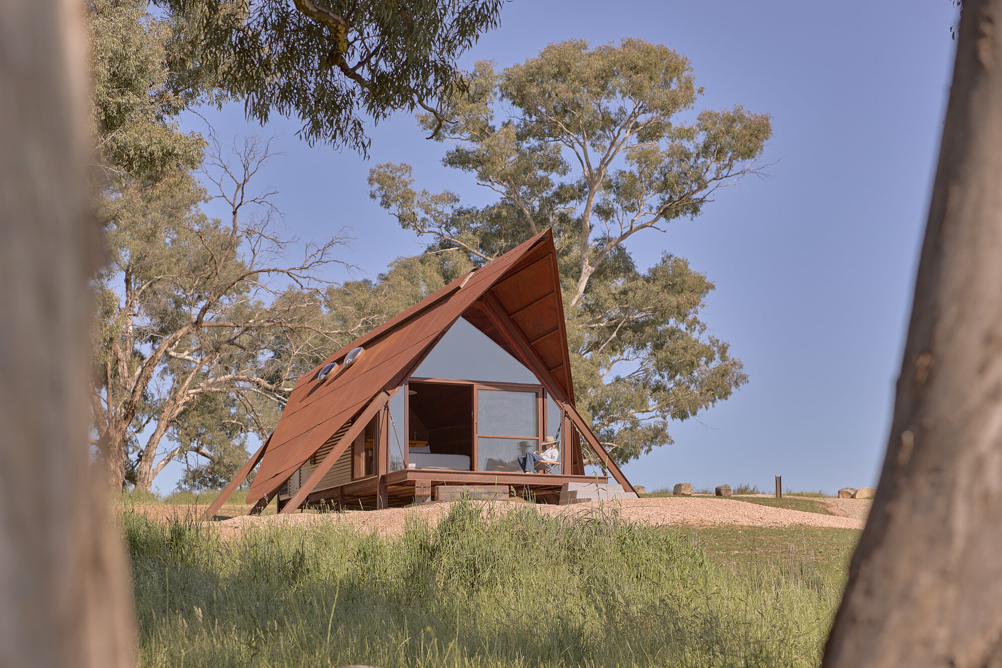 Triangular gable end with full-height glazing framed by eucalyptus branches in bright daylight