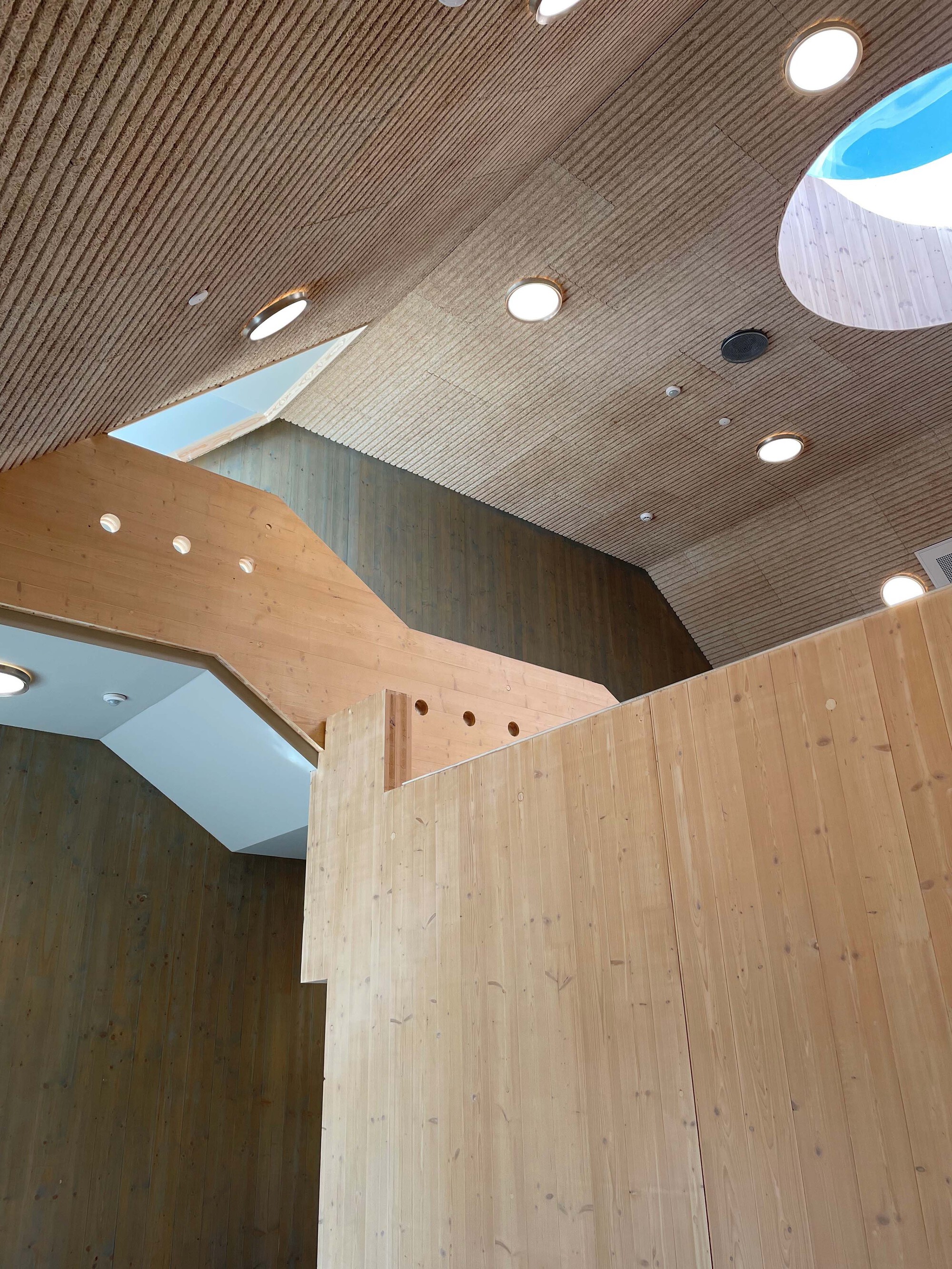 Interior view of timber walls meeting ribbed ceiling with skylights and circular roof openings above