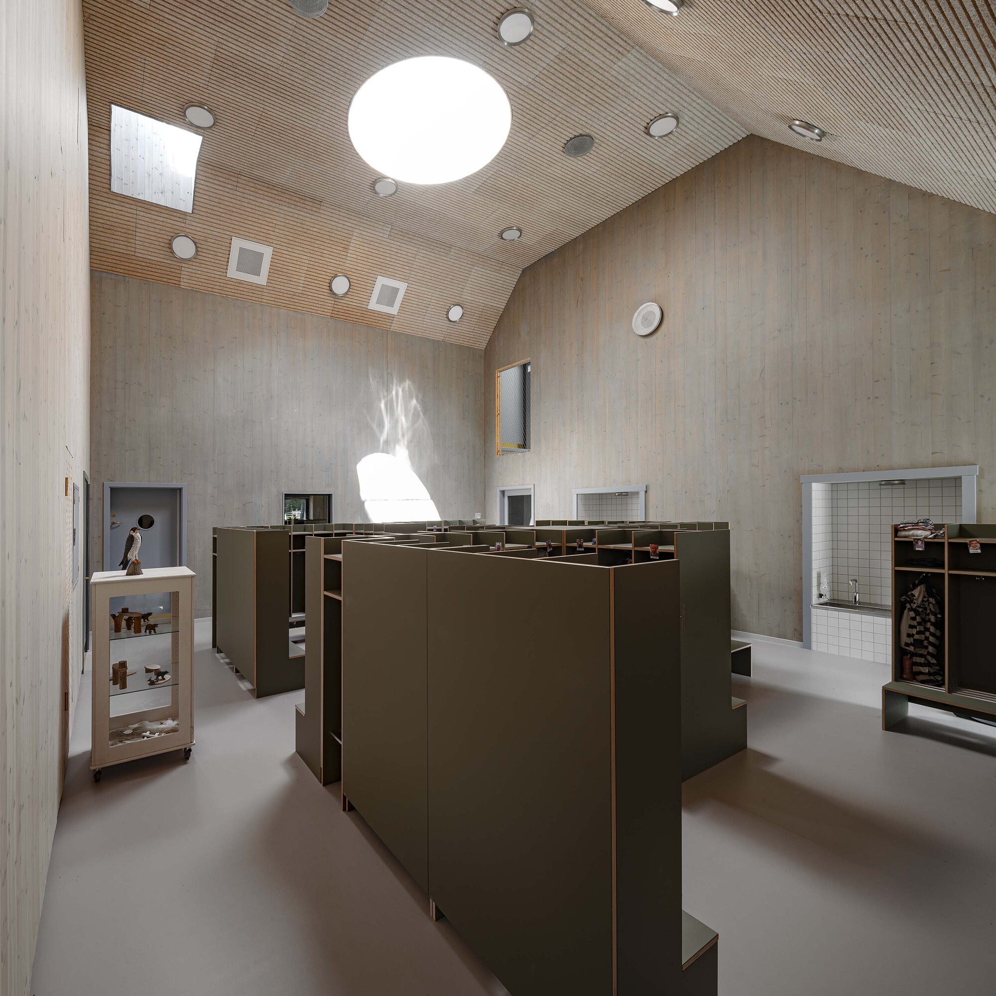 Retail interior with bronze display units beneath a ribbed timber ceiling with circular skylights