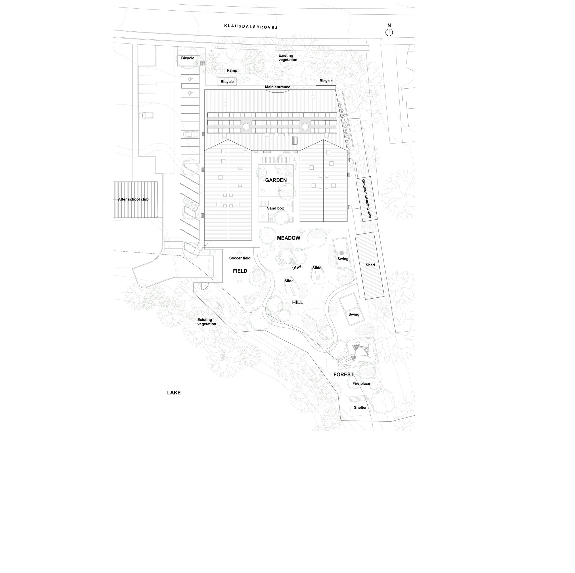 Site plan drawing showing building placement among labeled landscape zones including garden, meadow, and forest
