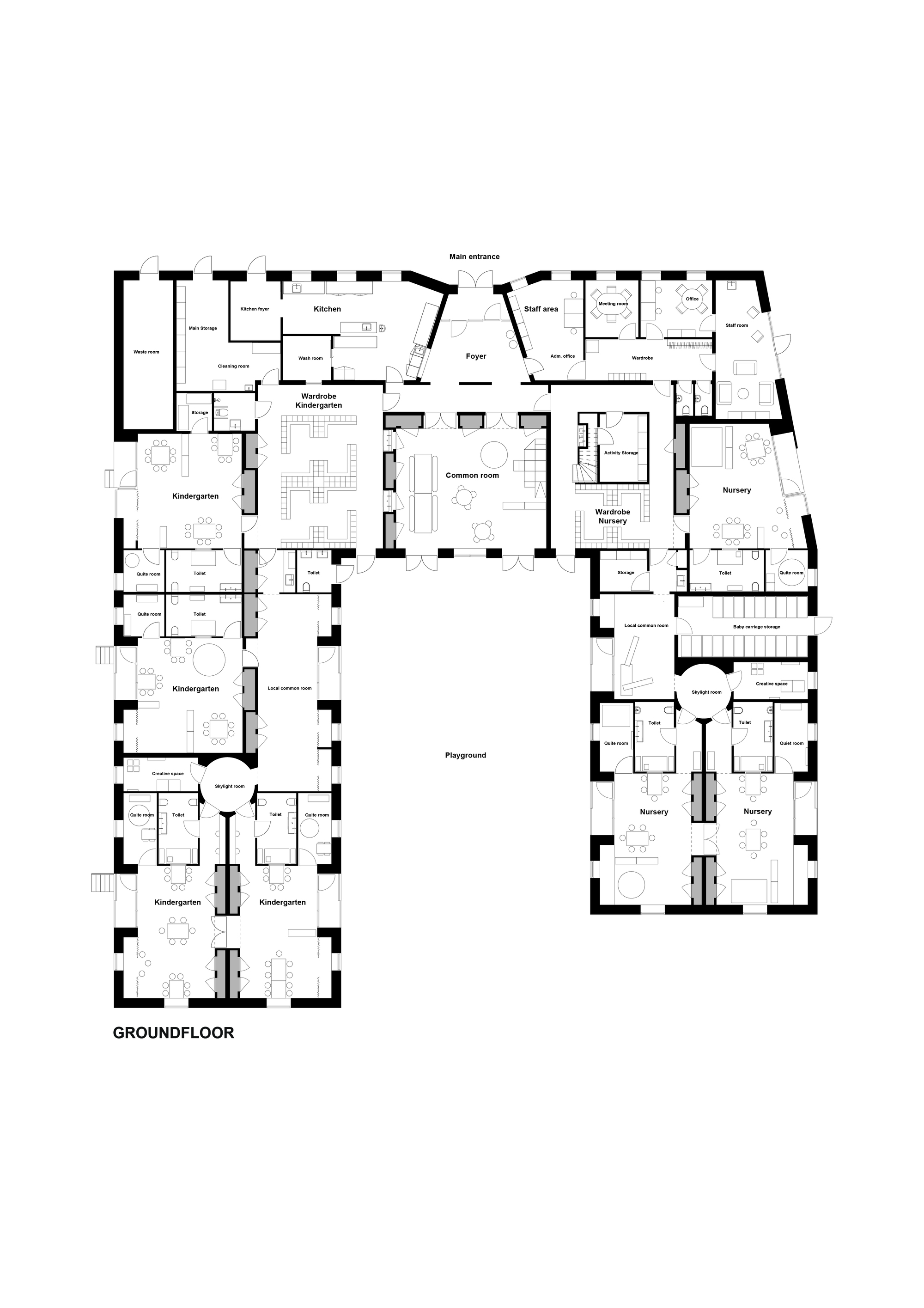 Ground floor plan drawing showing rooms organized around a central courtyard with kindergarten spaces flanking the sides