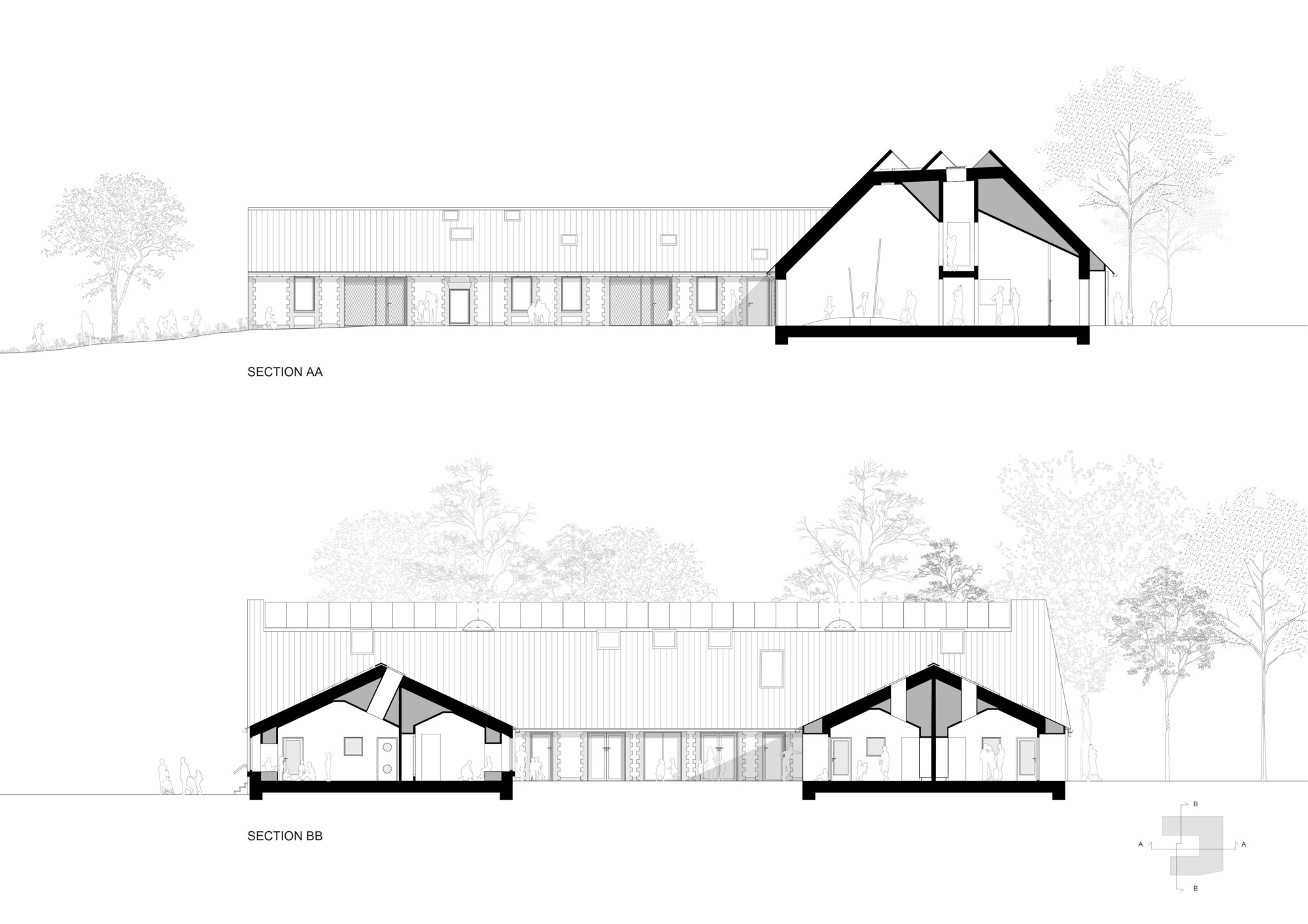 Section drawing showing pitched roof volumes connected by a lower metal-roofed wing with trees in silhouette