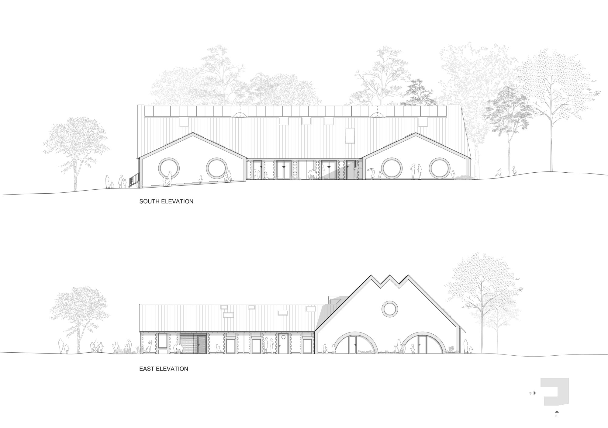 Elevation drawings showing gabled volumes with circular windows and metal roof connecting existing and new structures