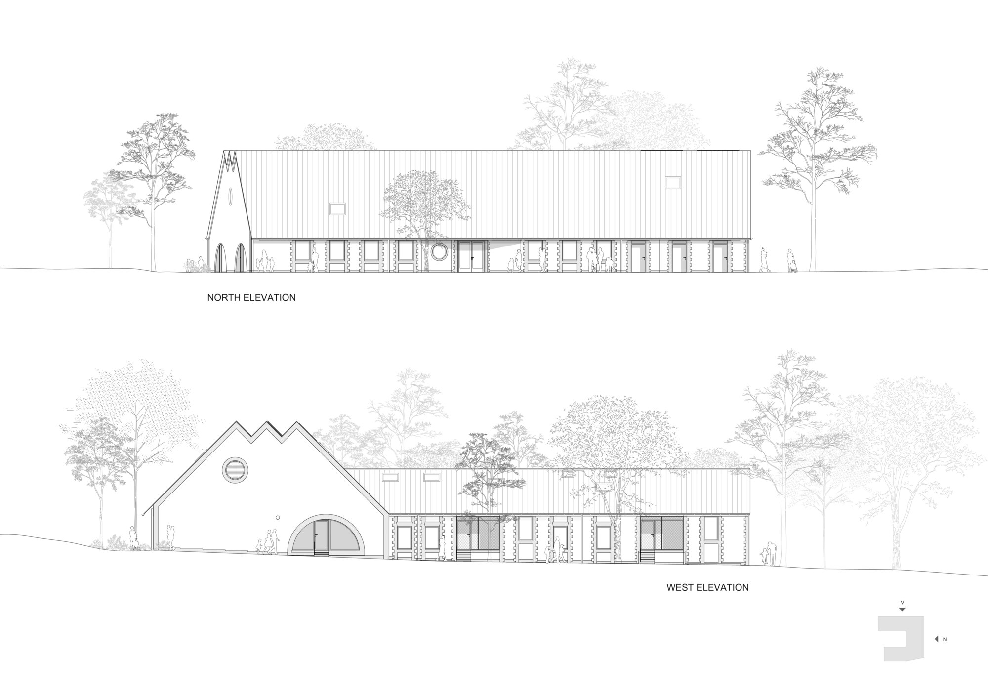 Elevation drawings showing a low horizontal building with peaked roof and colonnade beneath mature trees