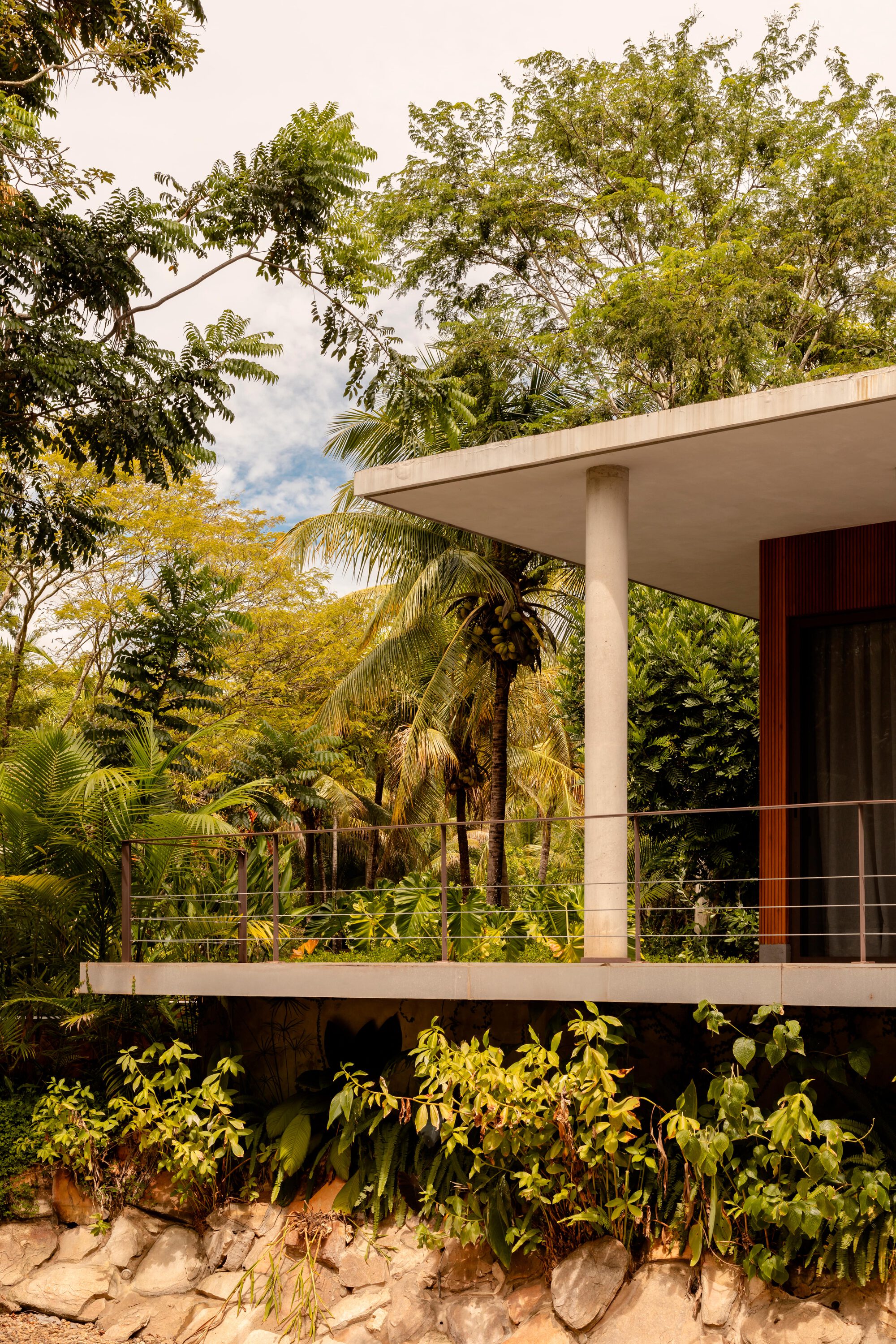Corner view of the cantilevered concrete deck with cylindrical columns framed by palms and planted slope
