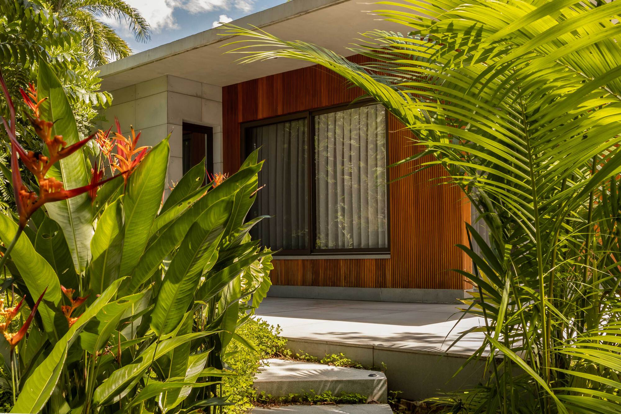Entry steps framed by bird-of-paradise and palm fronds leading to timber-screened window with curtains