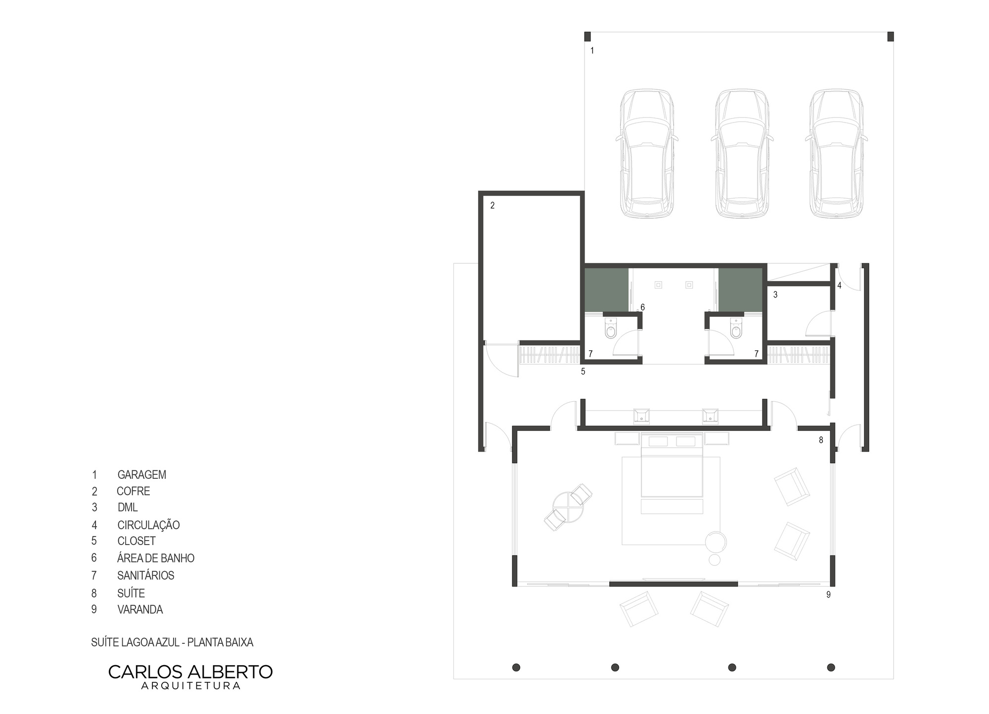 Floor plan drawing showing garage, service rooms, living area and three parked cars
