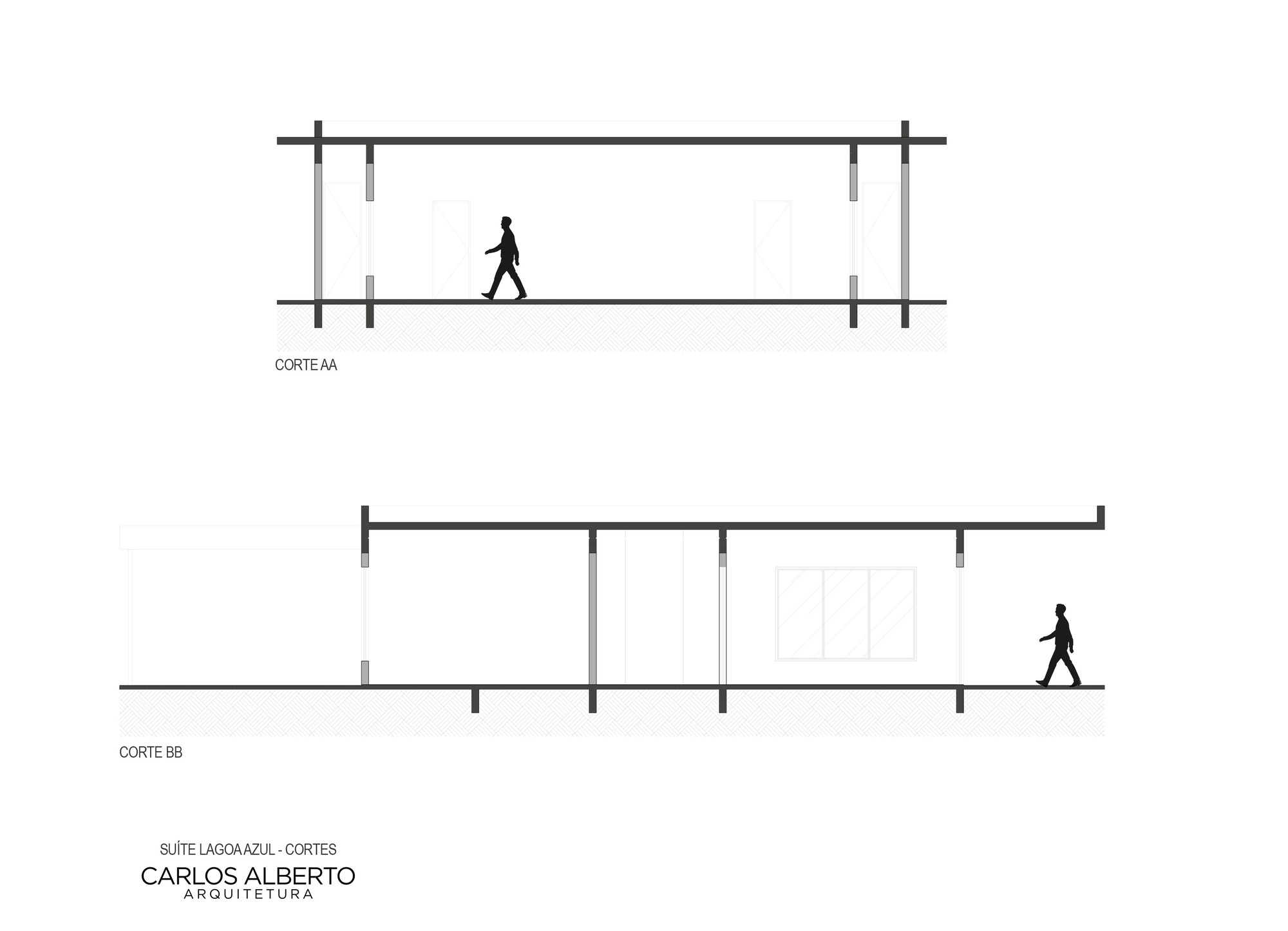 Section drawings depicting flat roof structure, interior spaces and human figures at two cut lines