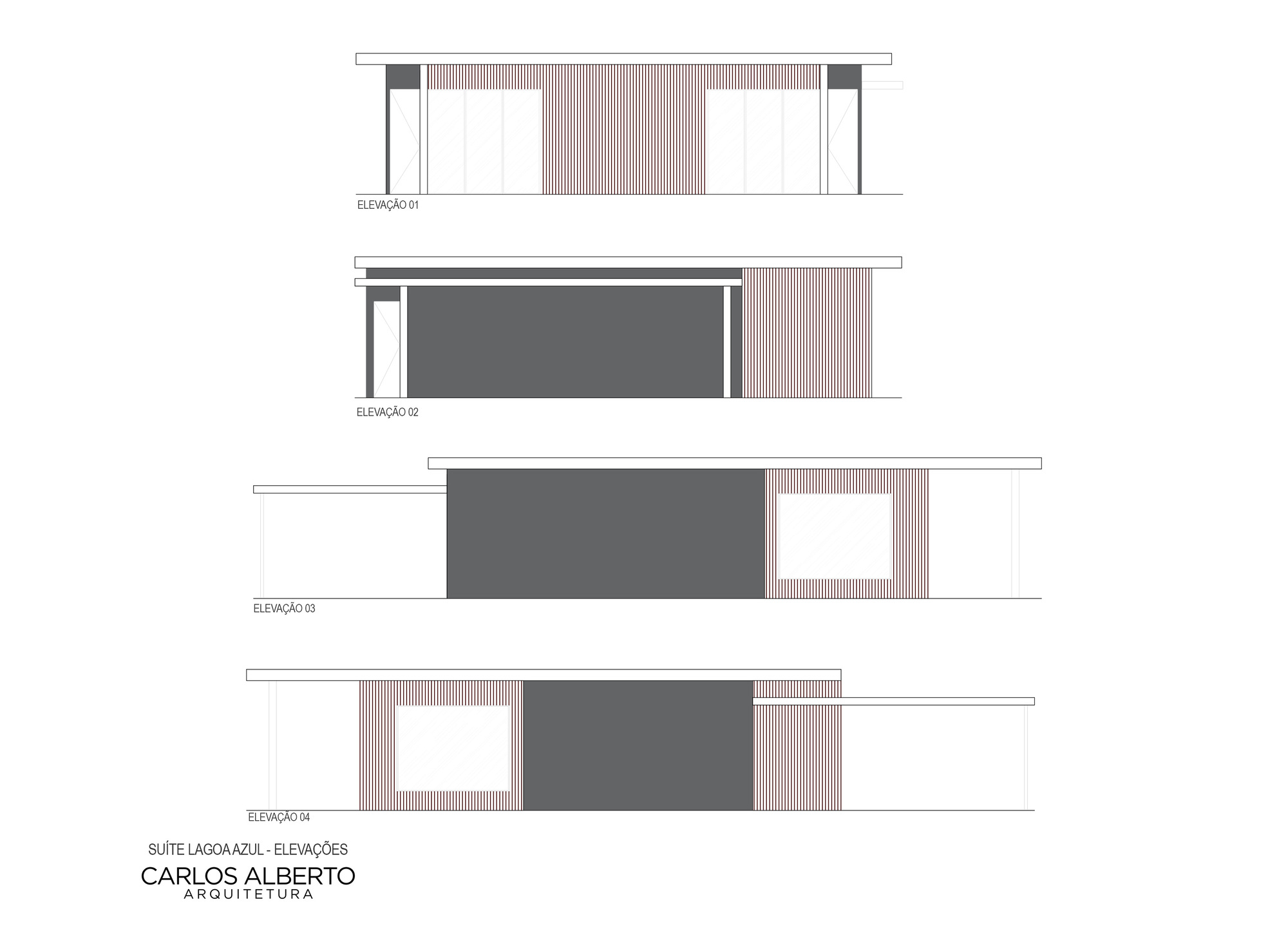 Elevation drawings showing four facade variations with striated panels in white and terracotta tones