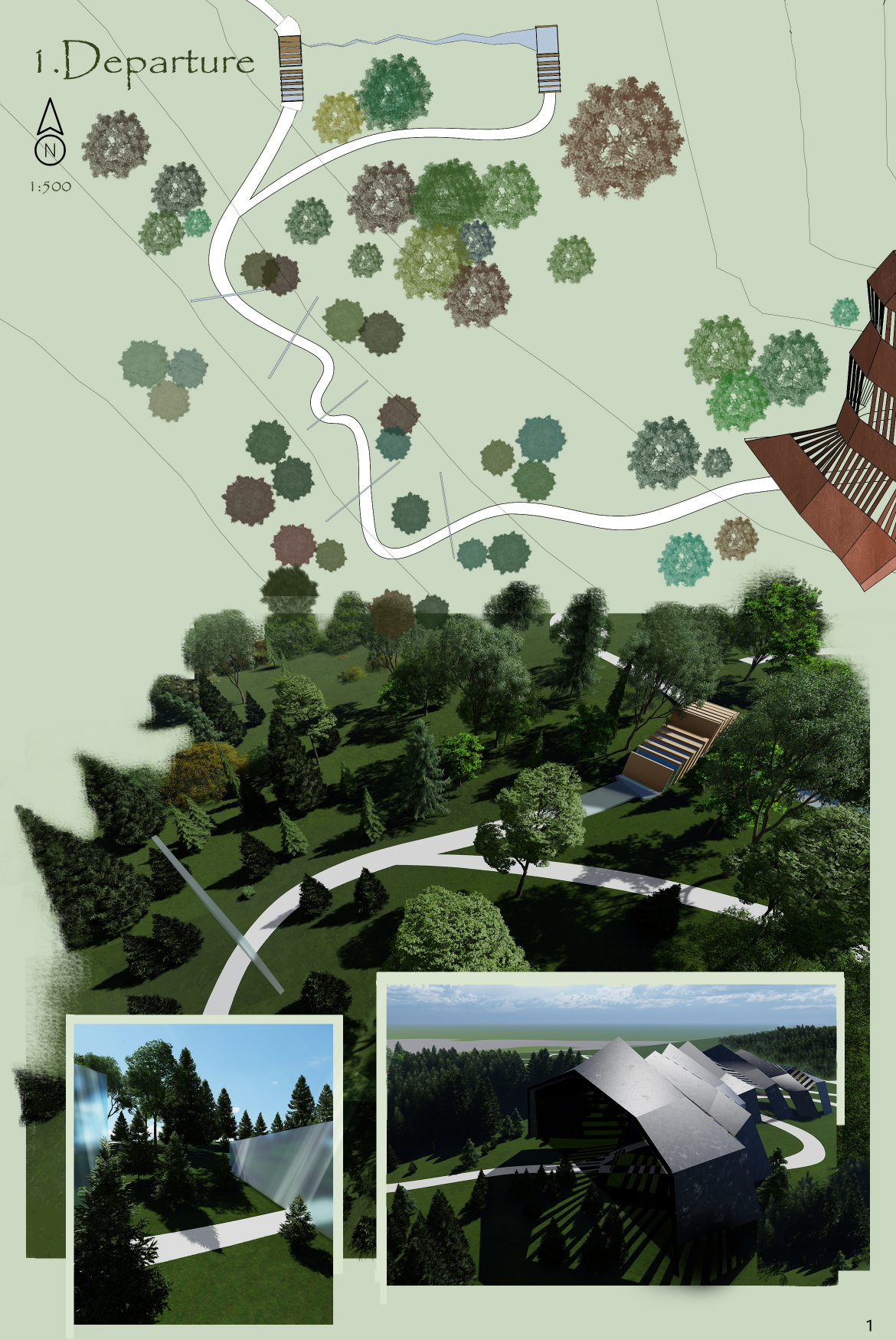 Site plan showing curving pathways through trees with building footprints and aerial perspective rendering