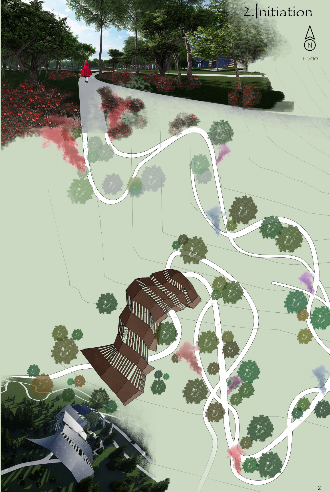 Site plan showing meandering paths between trees with rendered perspective views of the pavilion buildings