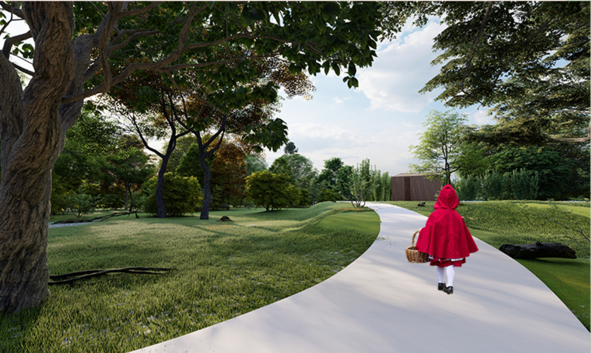 Person in red cape walking along a white curved path through a park with mature trees