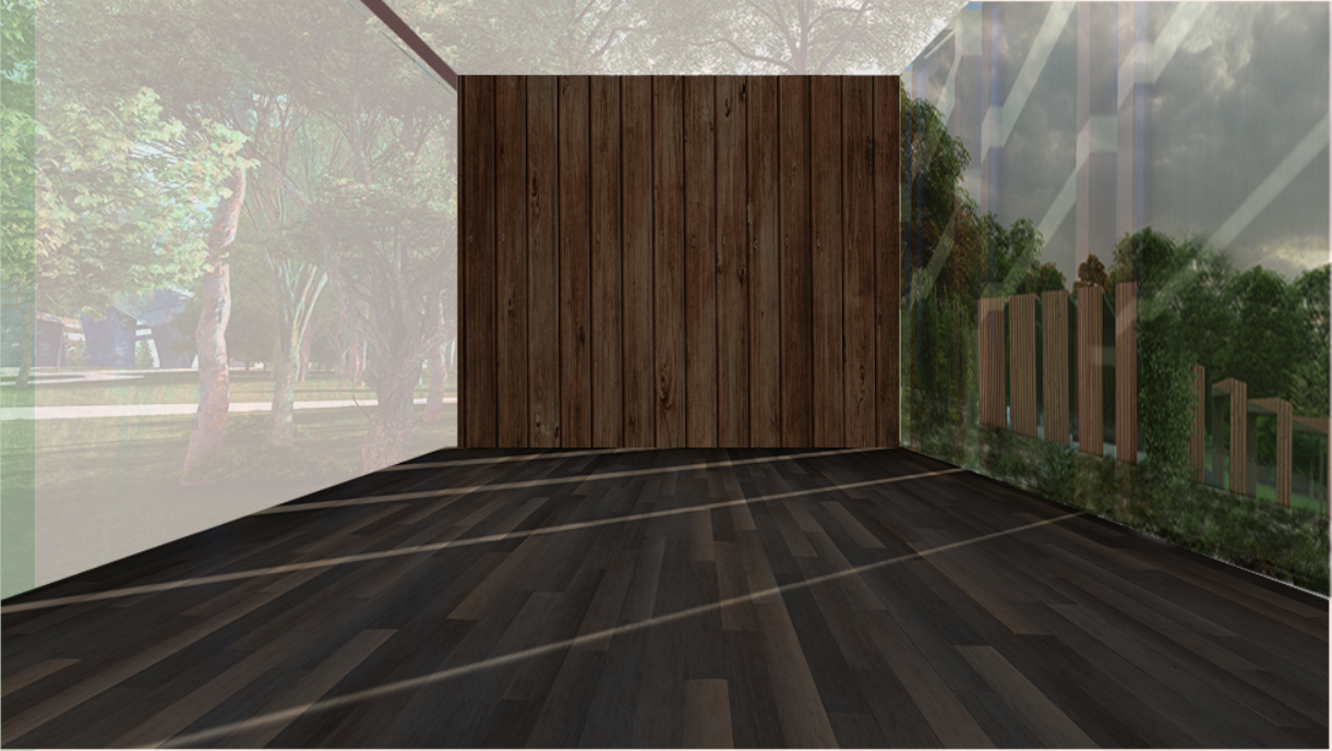 Interior space with dark timber flooring and vertical wood paneling under diffused natural light