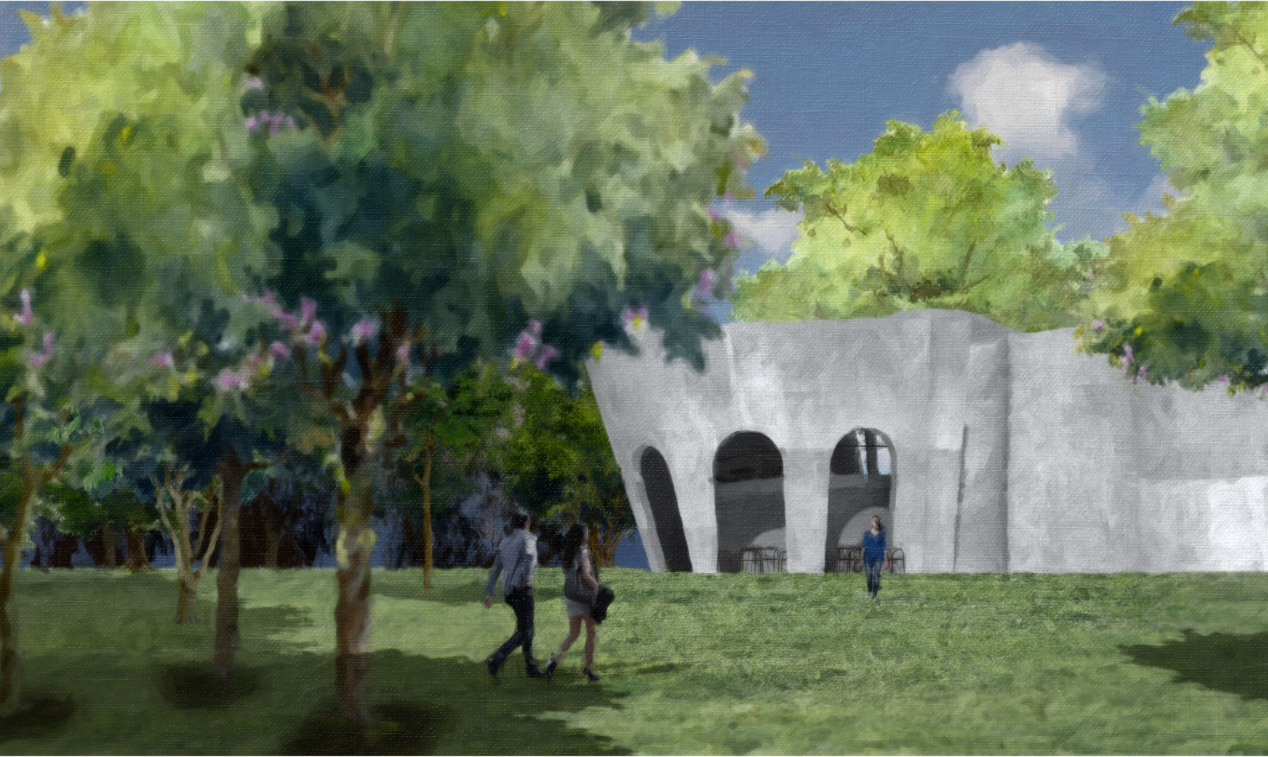 Brew Hub’s curved concrete form opens into the landscape through soft arches and shaded outdoor seating.