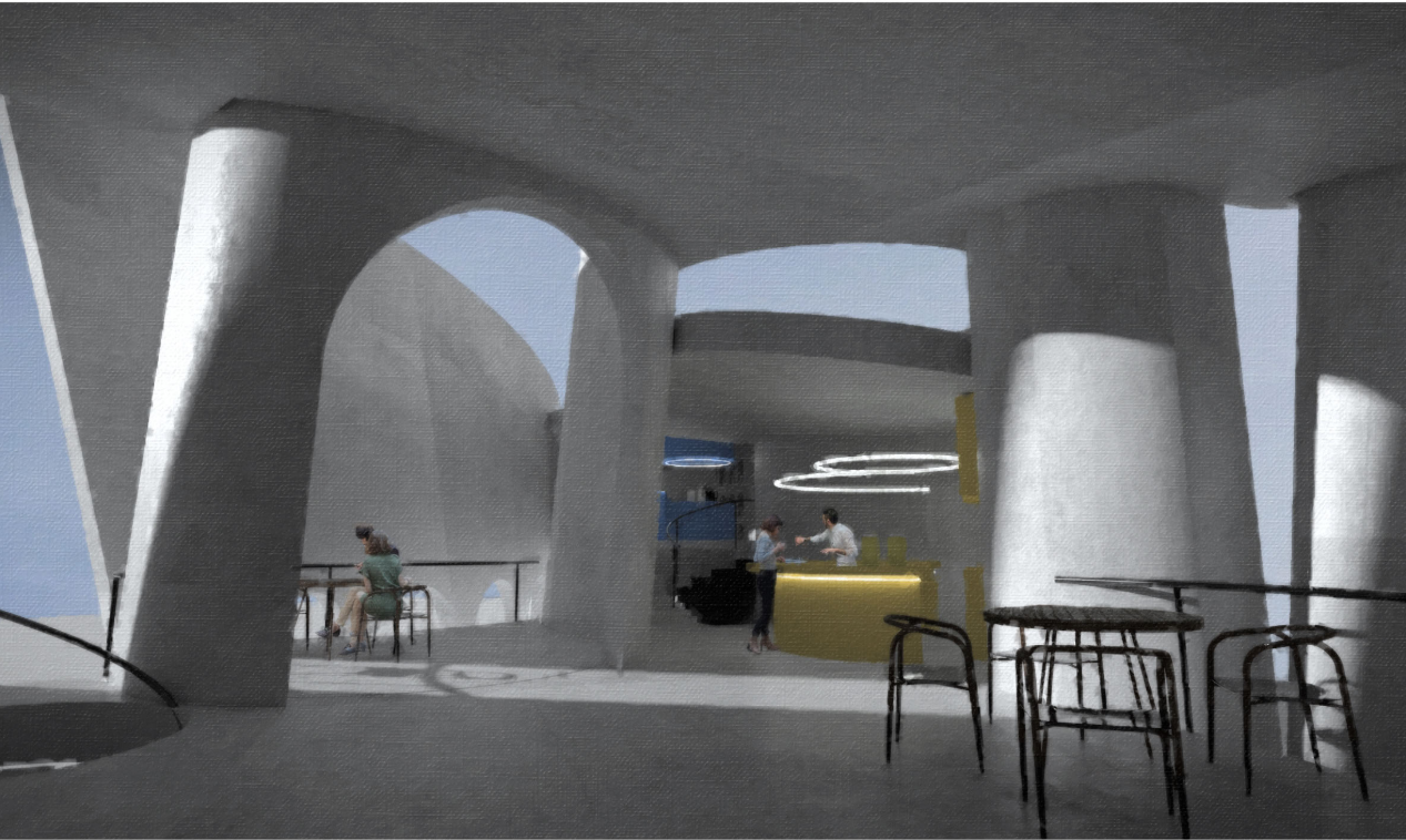 A shaded café level frames seating, circulation, and counter activity within a flowing architectural shell.