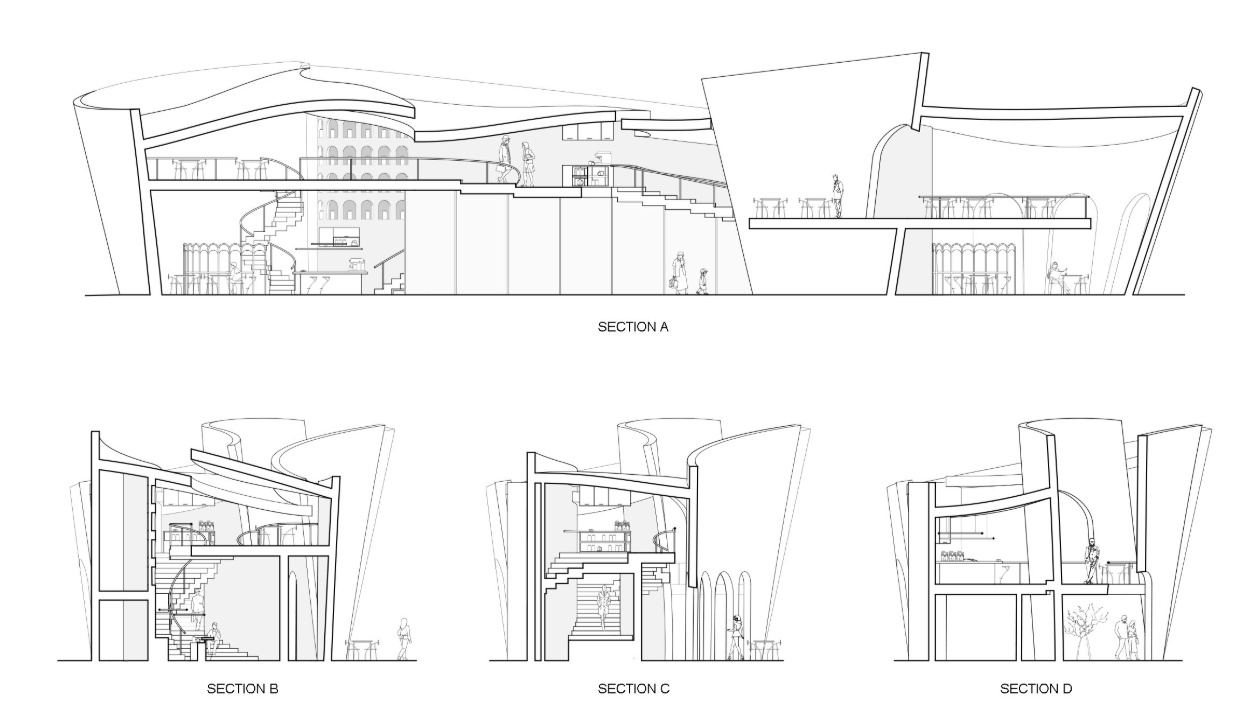 Section drawings reveal Brew Hub’s multilevel spatial network of stairs, terraces, counters, and arched volumes.