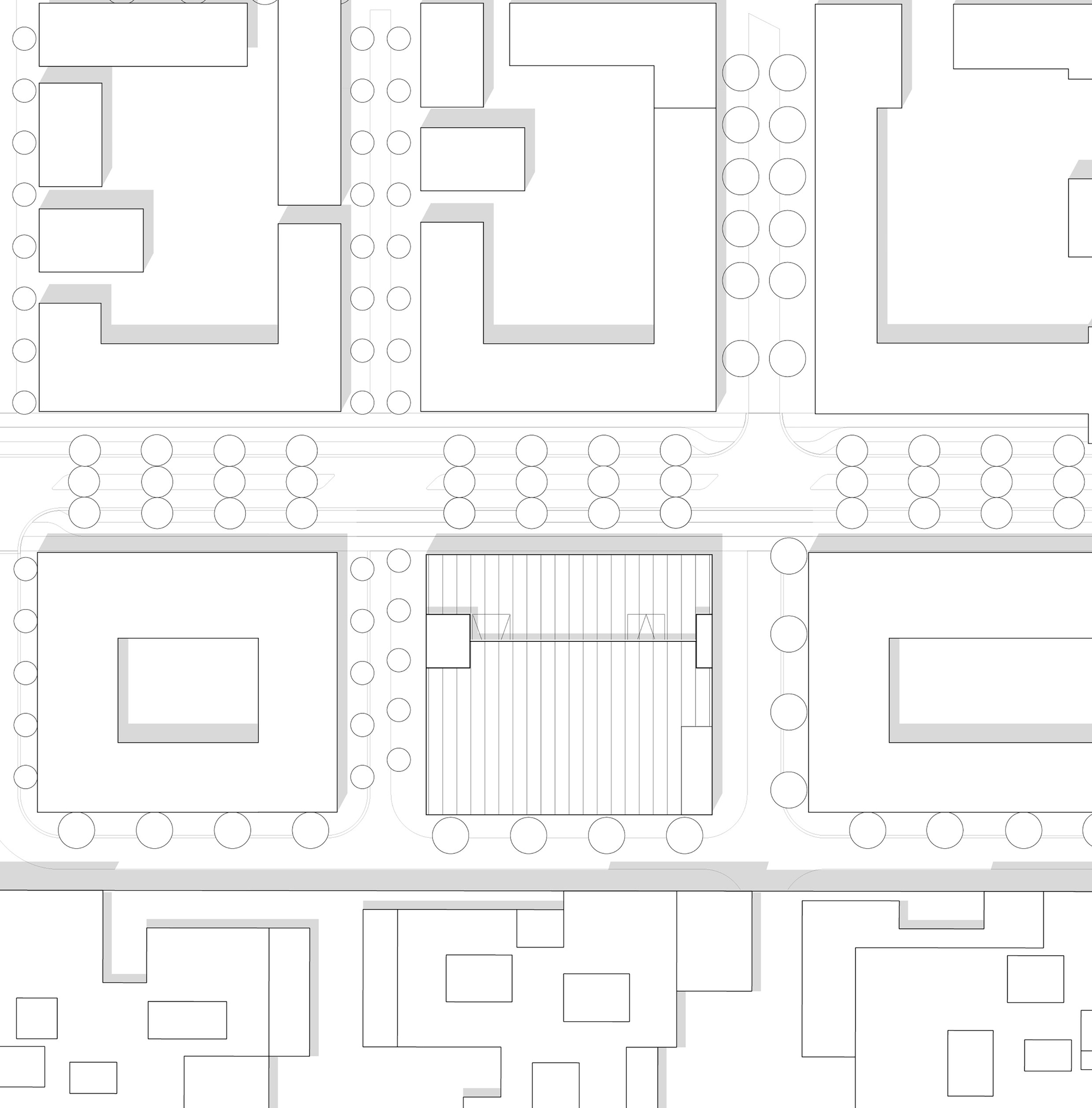 Site plan drawing showing a rectangular volume surrounded by street trees and adjacent building footprints
