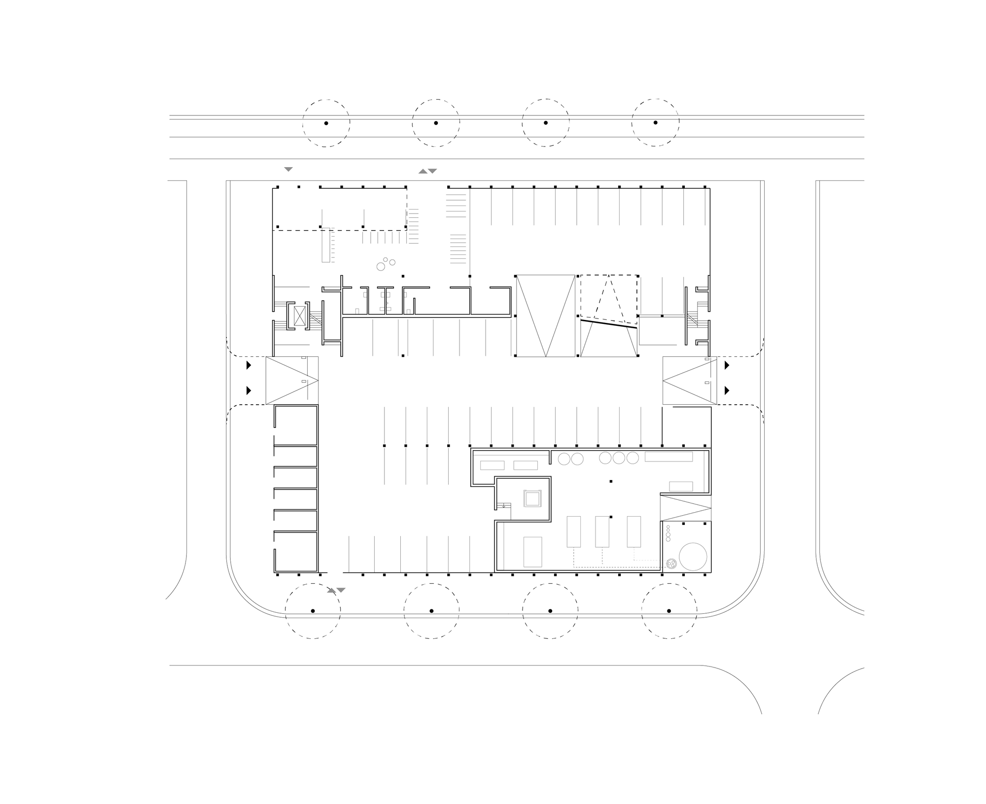Ground floor plan drawing depicting interior layout with central stair and perimeter street trees