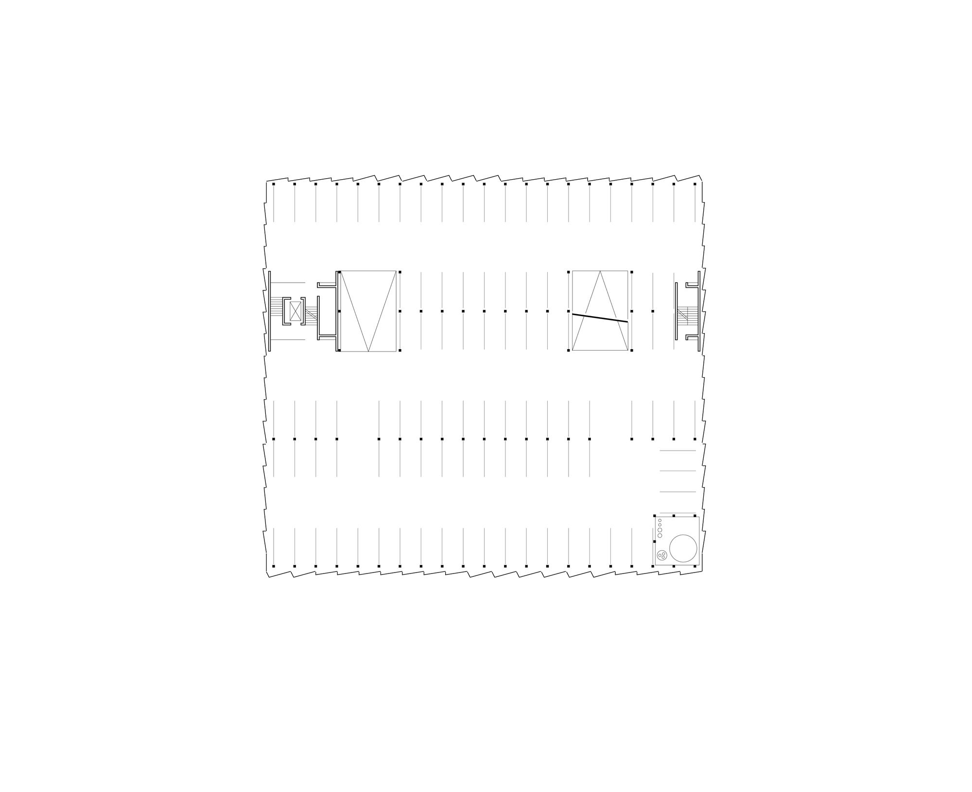 Upper floor plan drawing showing open interior with diagonal bracing elements and circulation cores