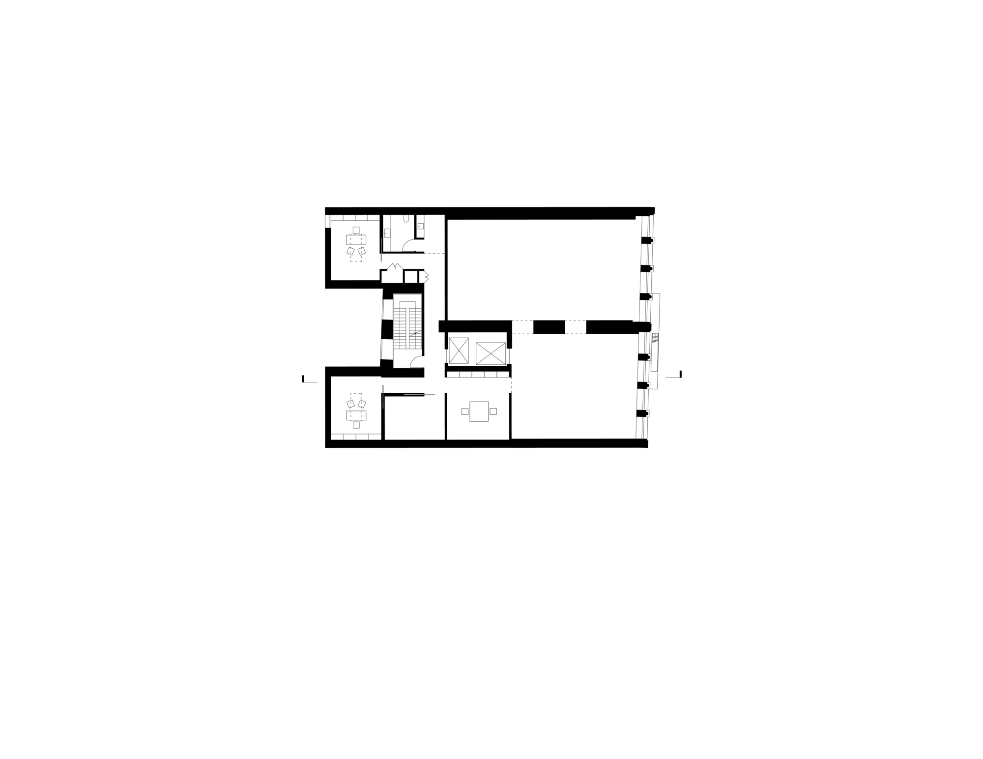 Floor plan drawing showing residential spaces with kitchen, dining area, and stair adjacent to terrace