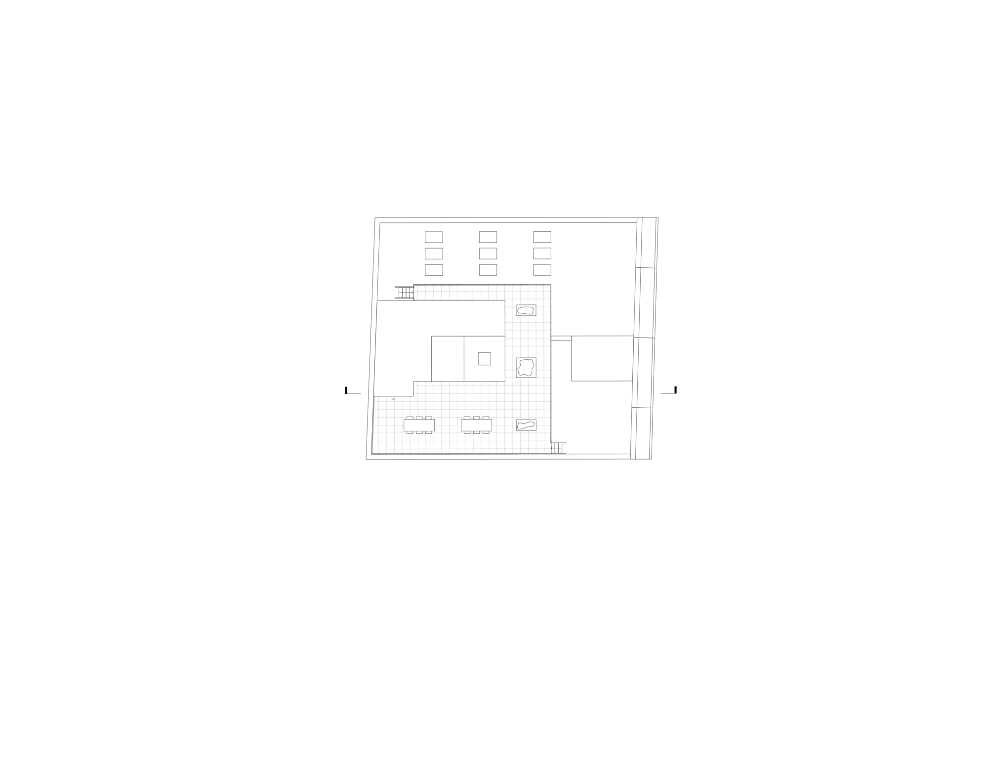 Floor plan drawing showing a rectangular layout with upper level spaces and stairs