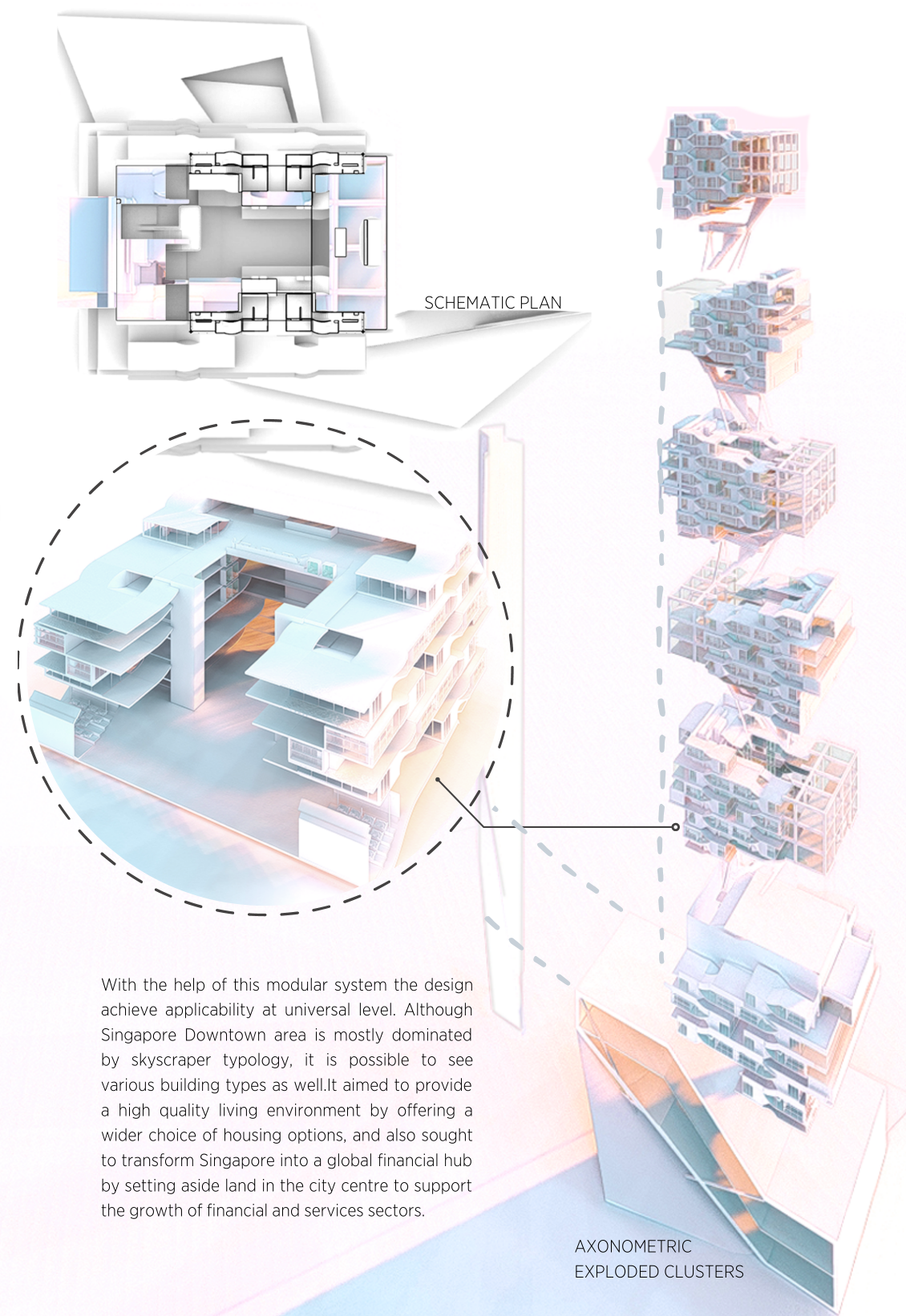 Exploded modular clusters illustrate adaptable housing units organized as vertical micro-neighborhoods.