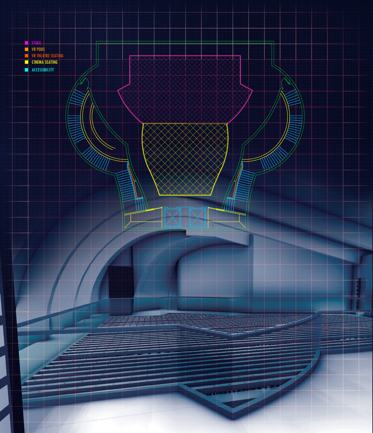 VR theatre plan integrating stage, immersive pods, cinema seating, and accessible circulation.