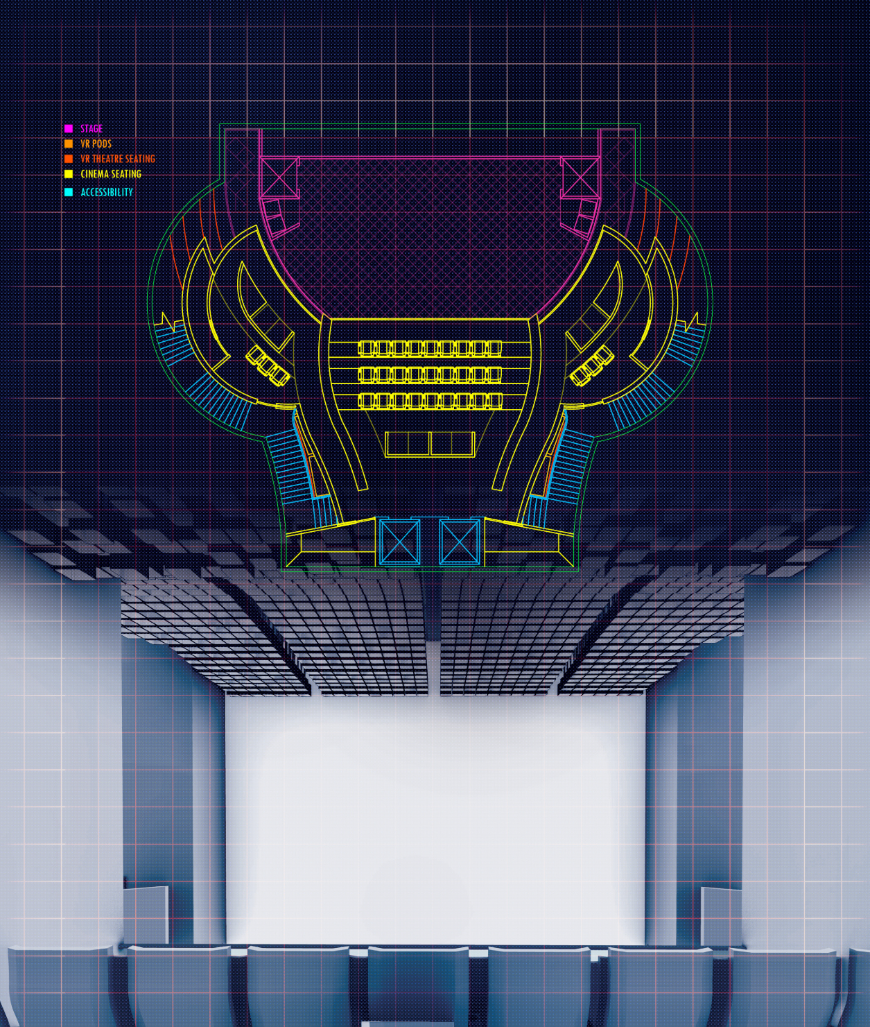 Main cinema layout combining conventional seating with immersive VR zones and a large performance screen.