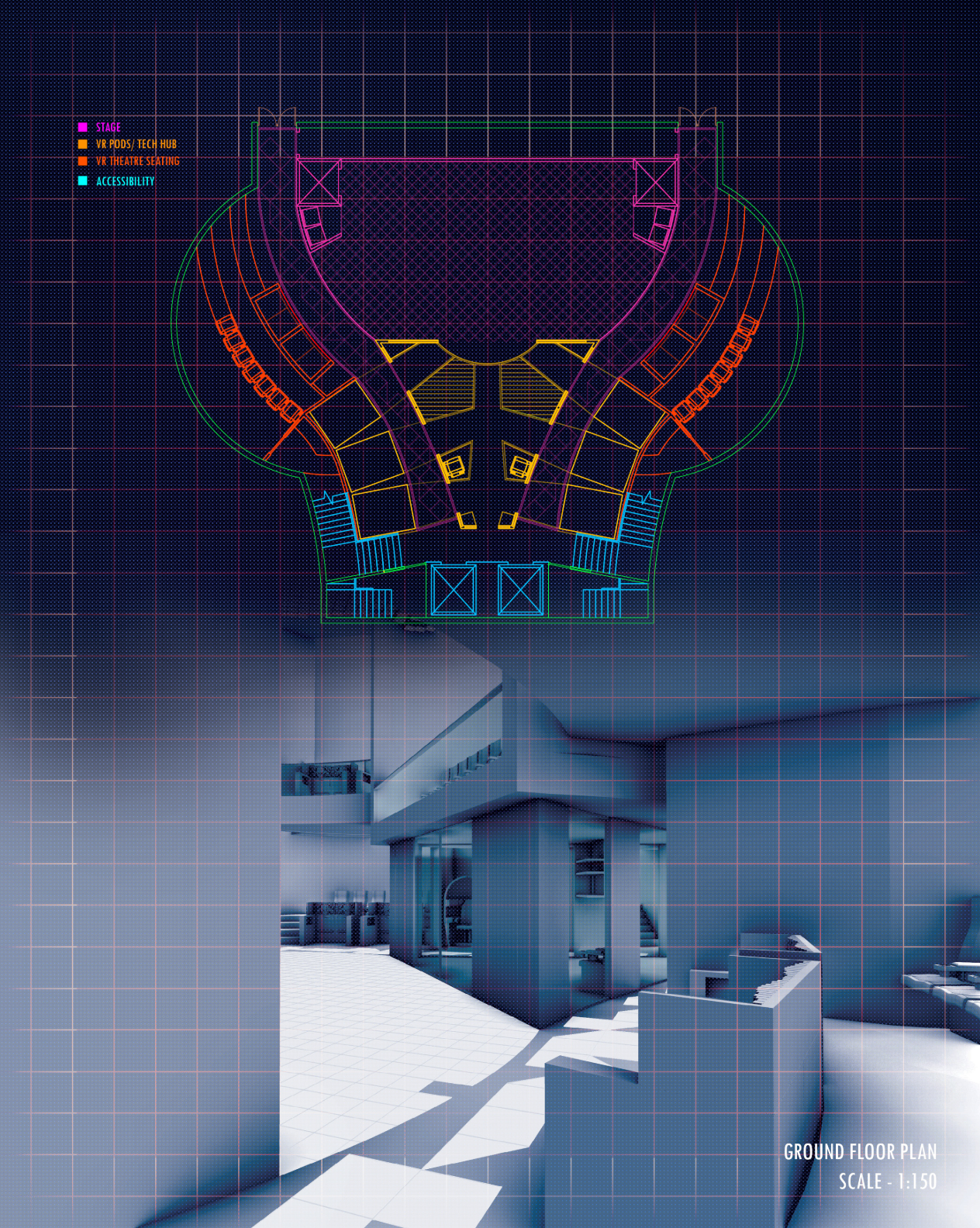 Ground-floor plan showing the tech hub, VR theatre seating, stage, and accessible circulation.