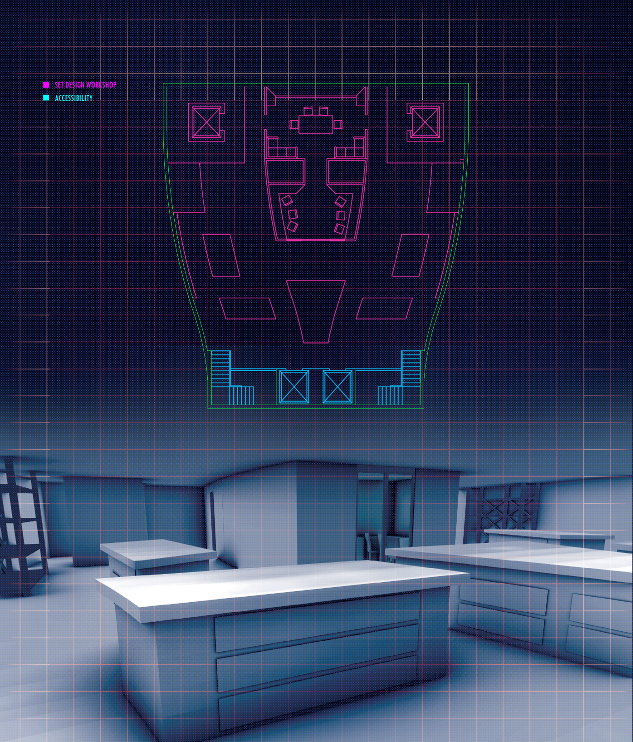 Set design workshop with flexible workstations supporting physical production for immersive cinema experiences.