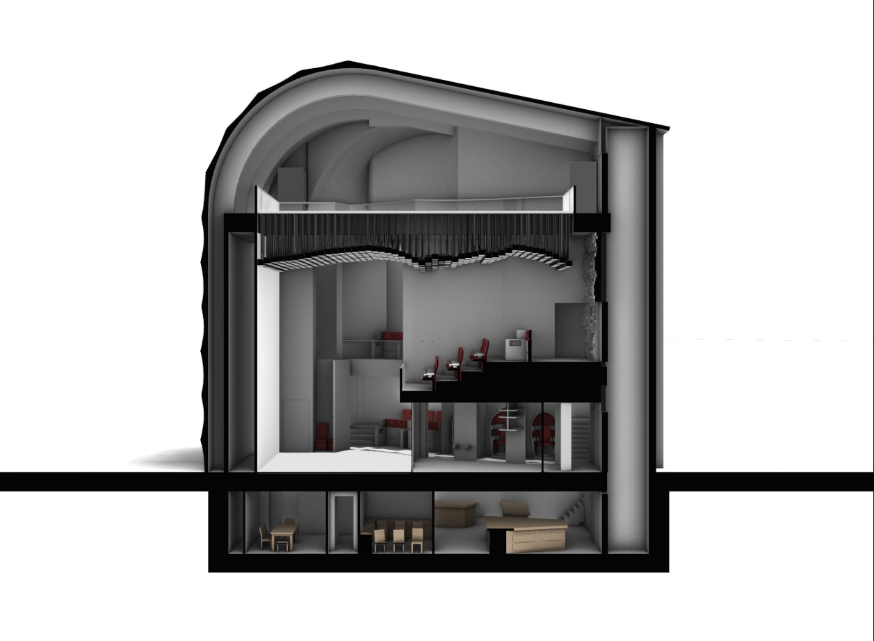 Longitudinal section revealing the layered relationship between auditorium, technical spaces, and support areas.