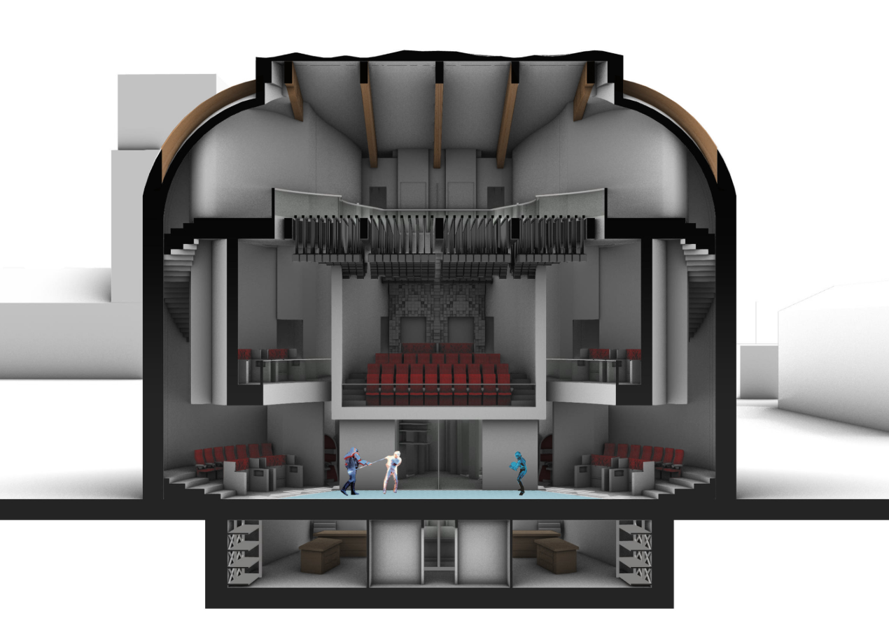 Section through the theatre showing audience seating, performance space, and the integration of physical and virtual action.