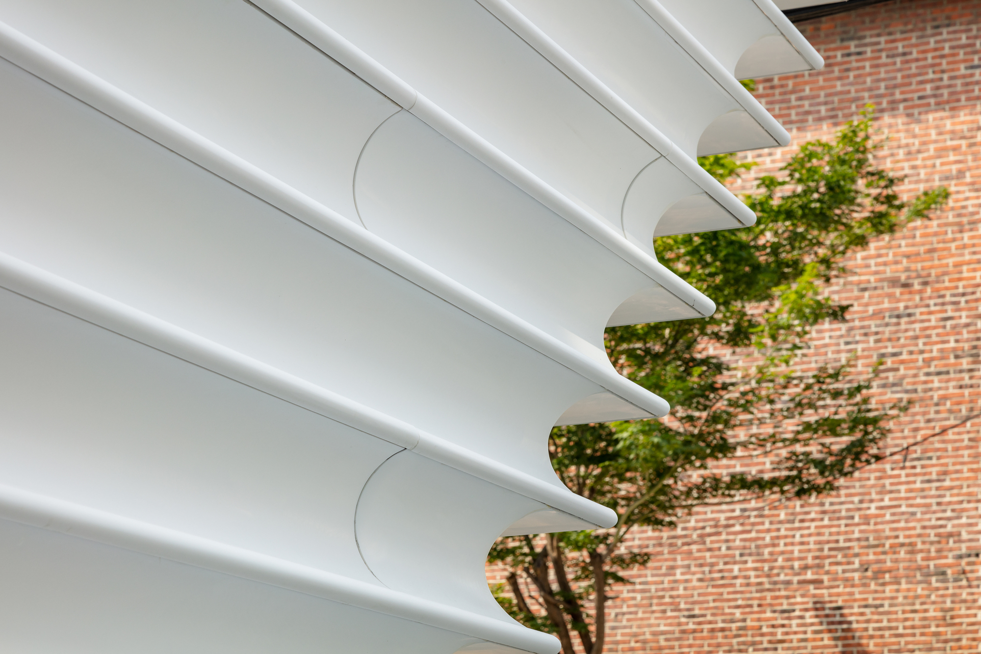 Close-up of the horizontal white louvered facade with oval cutouts revealing a tree and brick wall beyond