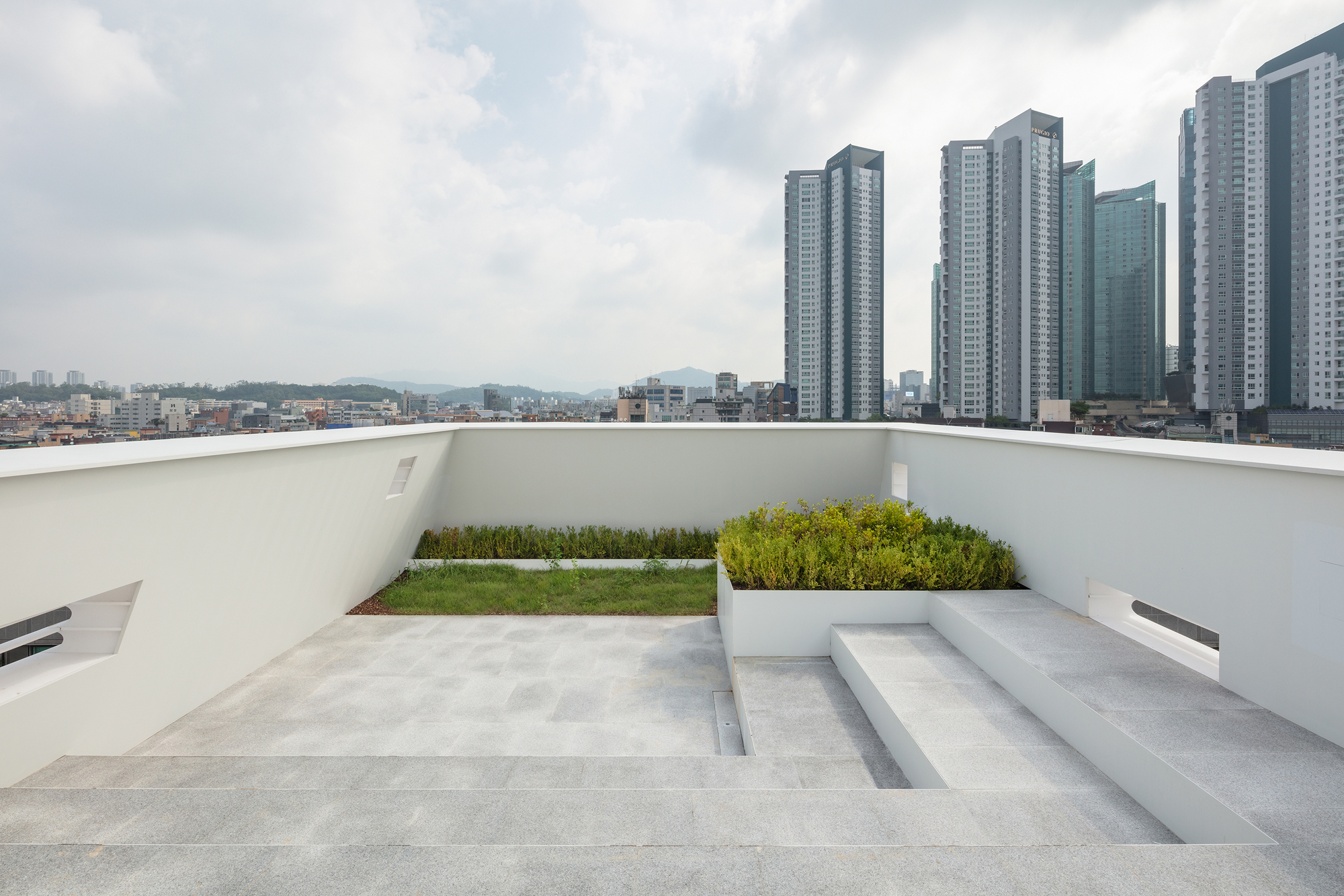 Rooftop terrace with concrete paving, planted beds with grass, and stepped seating overlooking residential towers