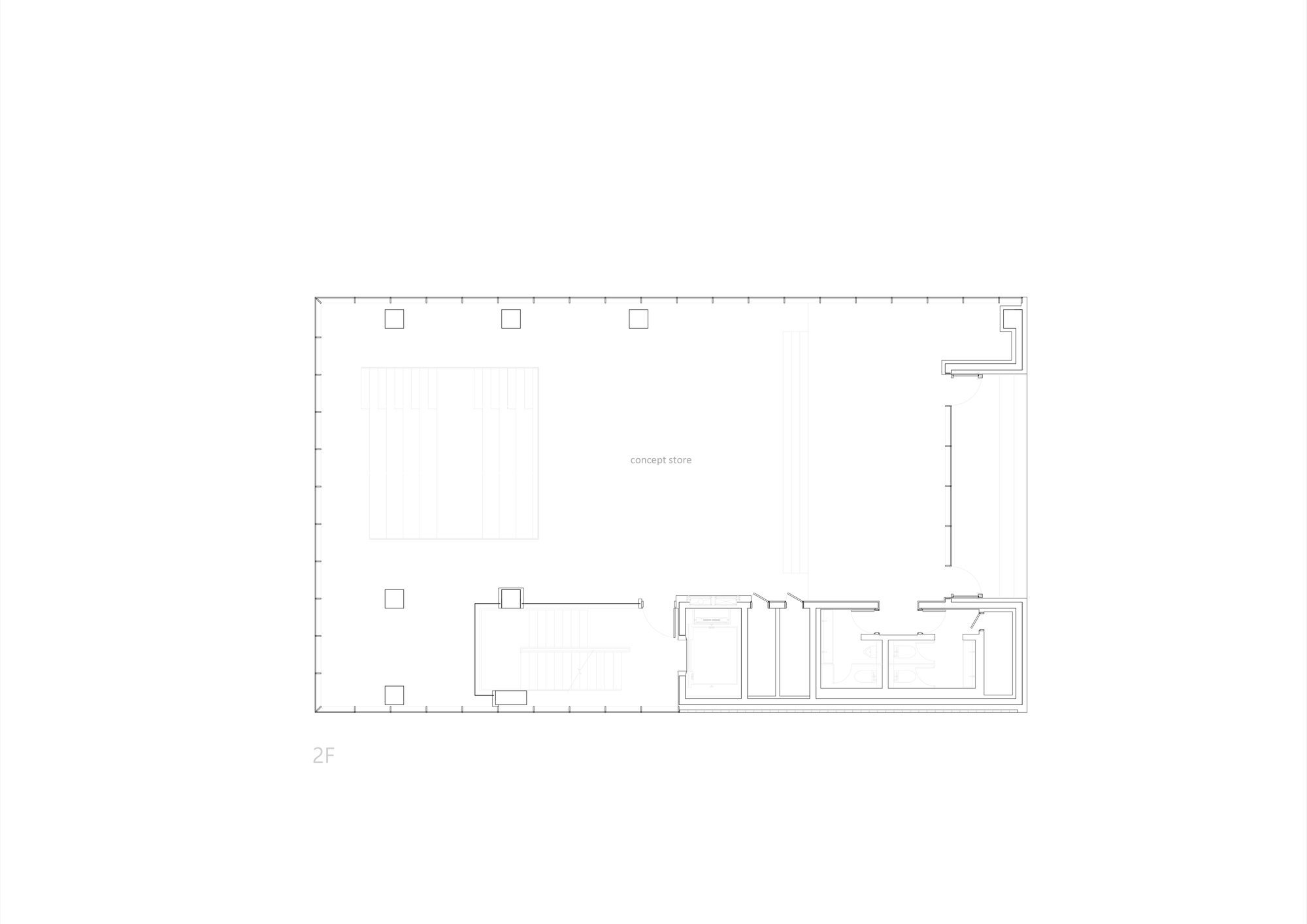 Second floor plan drawing showing an open concept space with bathroom and service areas to one side