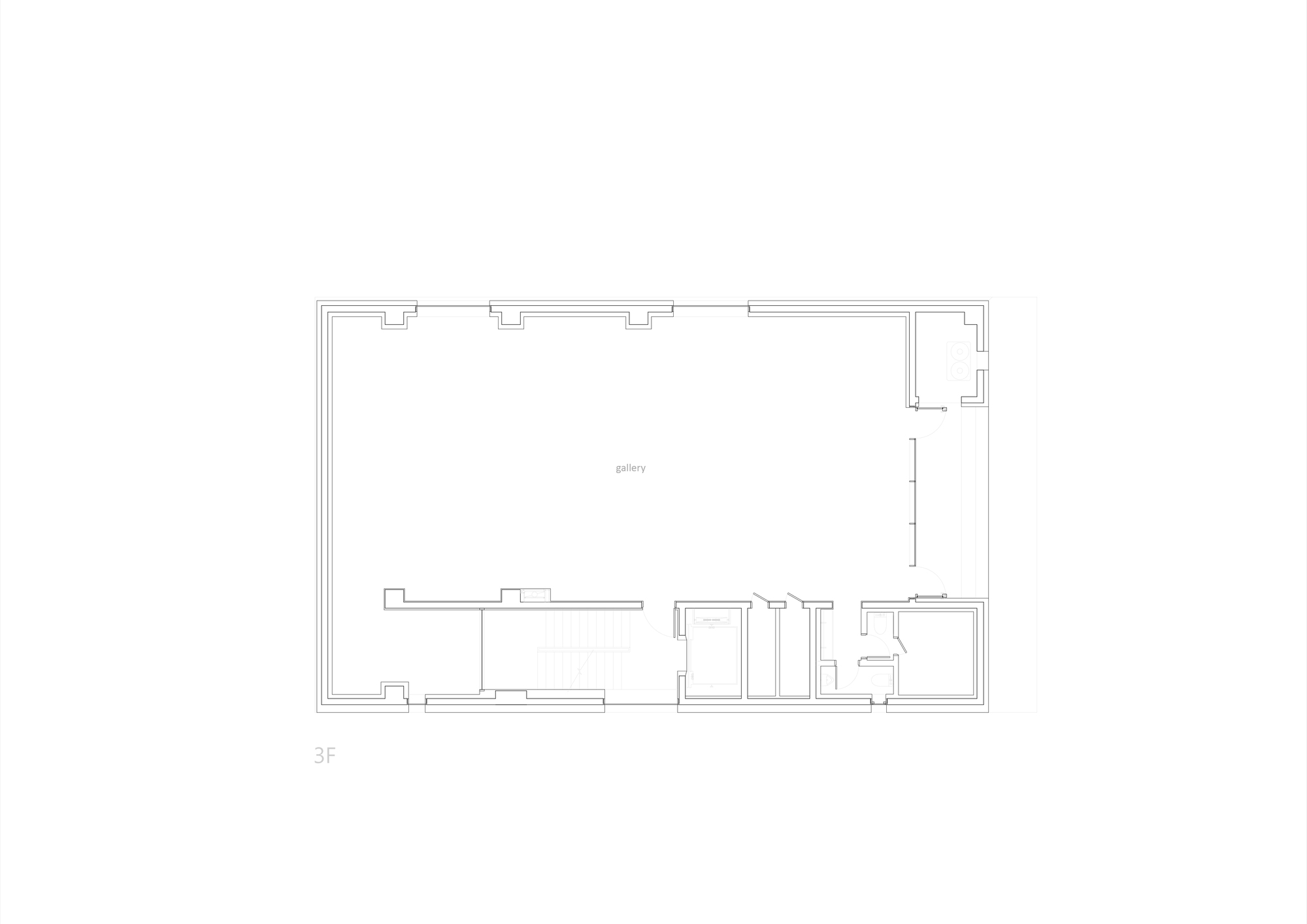 Third floor plan drawing showing a gallery space with service core and ancillary rooms along the perimeter