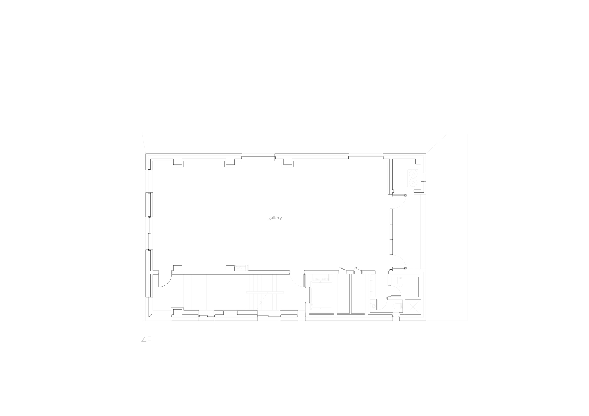 Fourth floor plan drawing showing a gallery with enlarged window openings along the perimeter walls