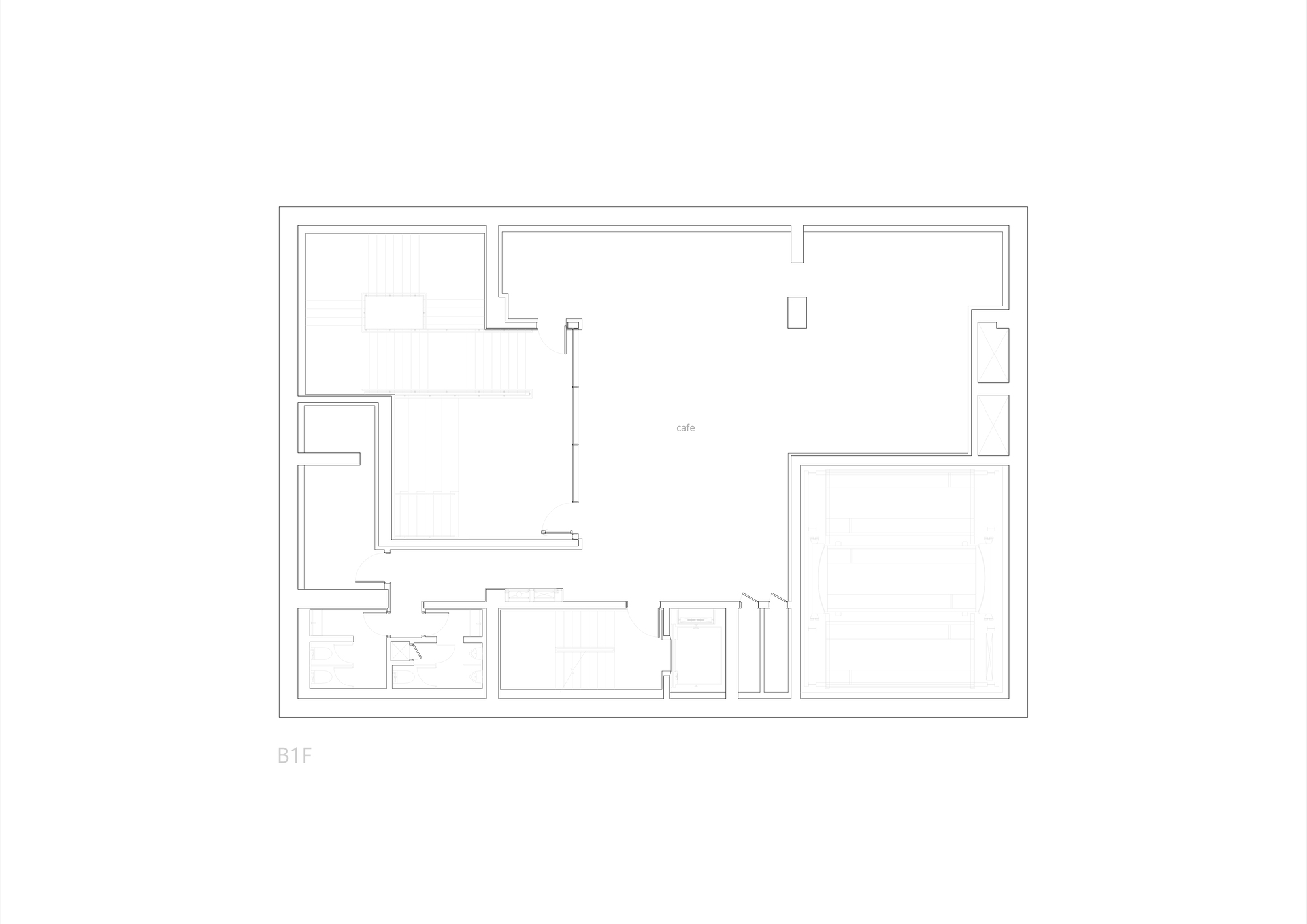 First basement floor plan showing interconnected rooms with a large open area at center