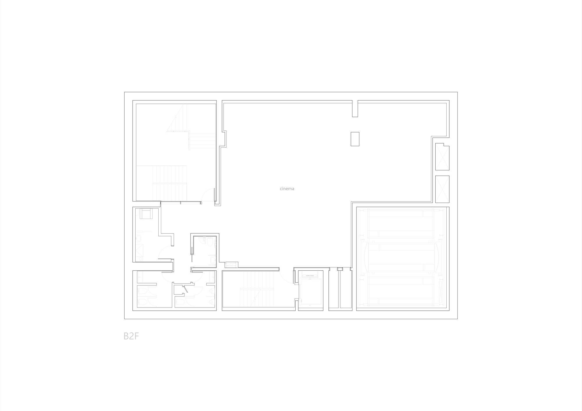 Second basement floor plan with rooms arranged around a central cinema space