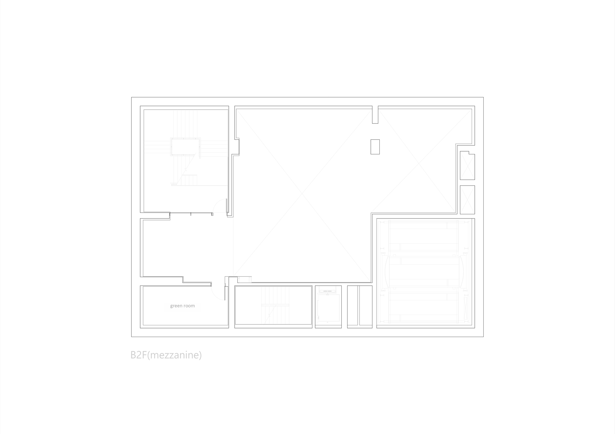 Mezzanine level plan within the second basement showing green room and adjacent circulation