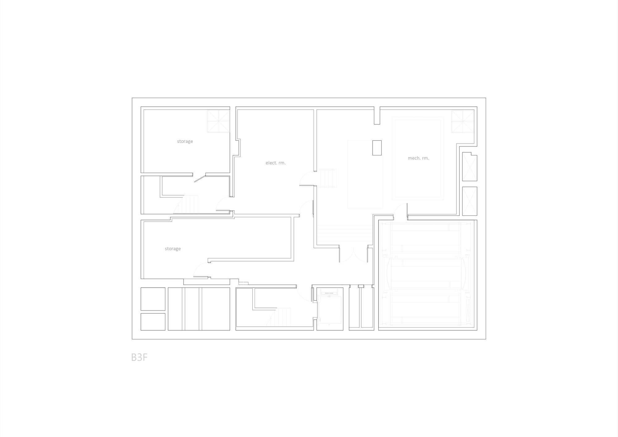 Third basement floor plan displaying storage and work rooms with mechanical spaces labeled