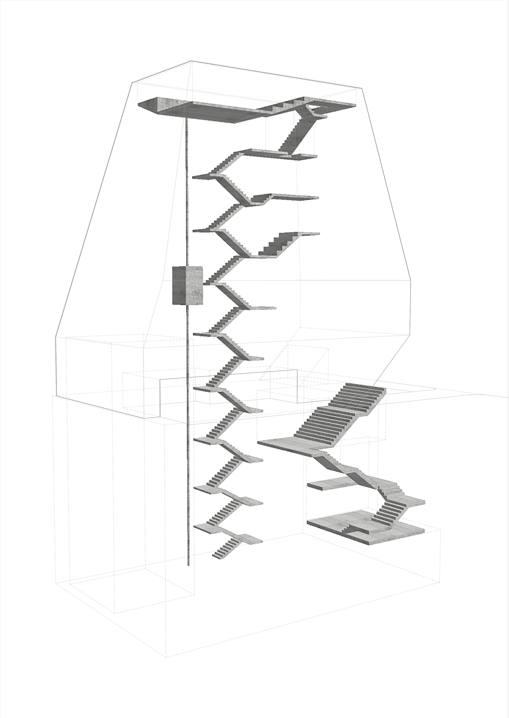 Axonometric drawing showing a zigzagging staircase connecting multiple levels within a tapered transparent volume