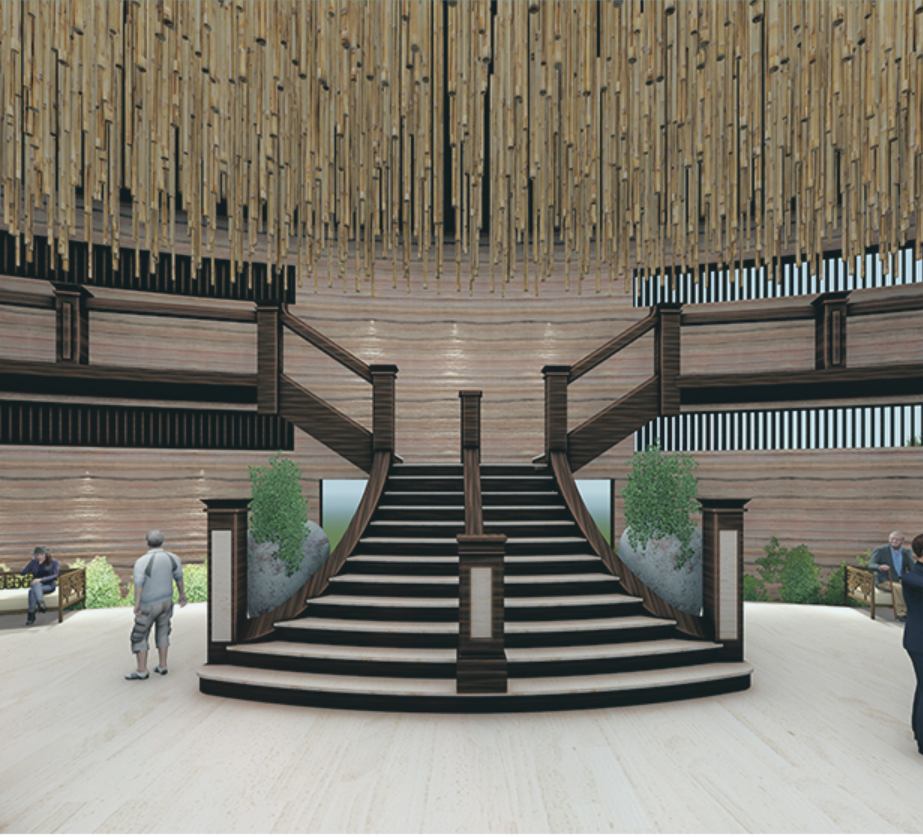 A grand timber staircase creates a striking focal point beneath a suspended bamboo ceiling.